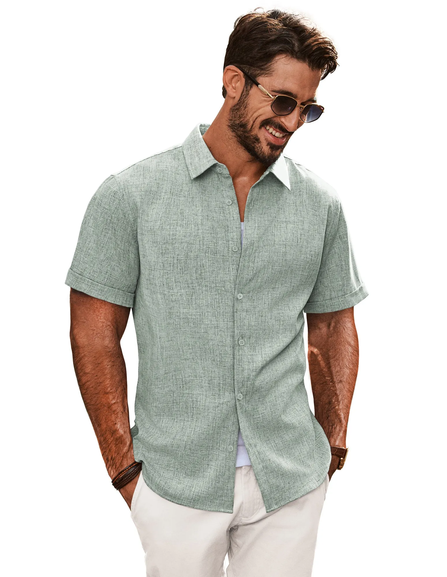 Men Curved Hem Shirt Casual Short Sleeve Lapel Collar Button-up Tops