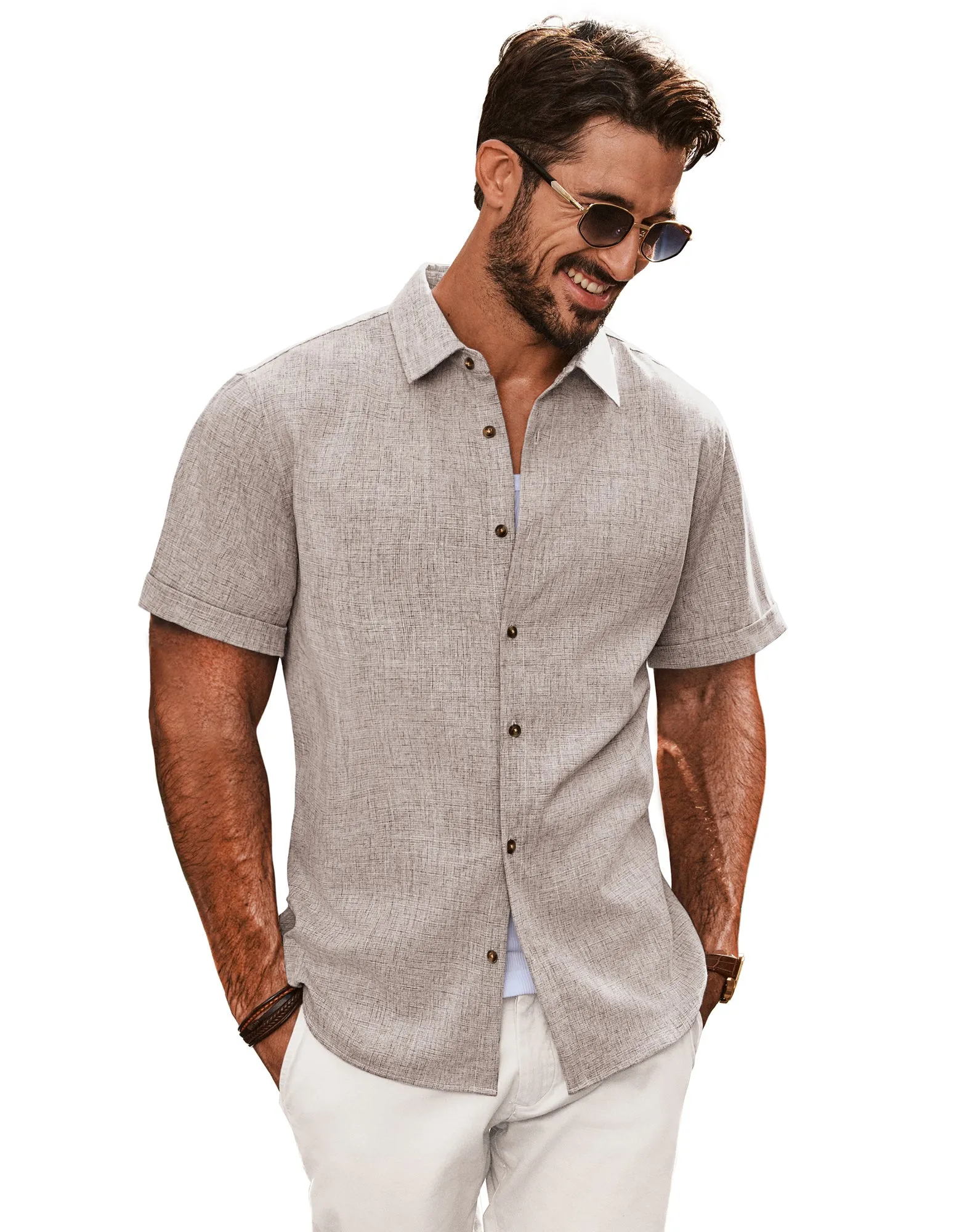 Men Curved Hem Shirt Casual Short Sleeve Lapel Collar Button-up Tops