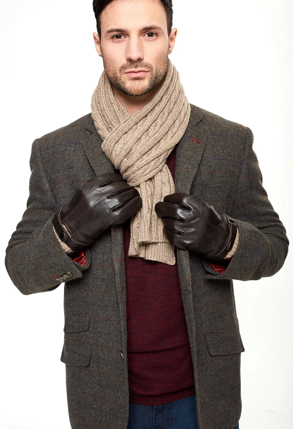 Men's Brown Leather Gloves and Scarf Set