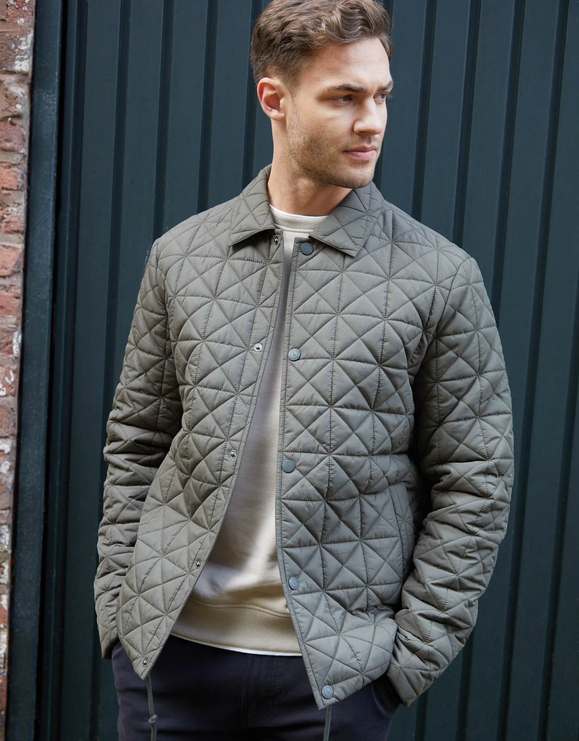 Men's Khaki Collared Quilted Jacket