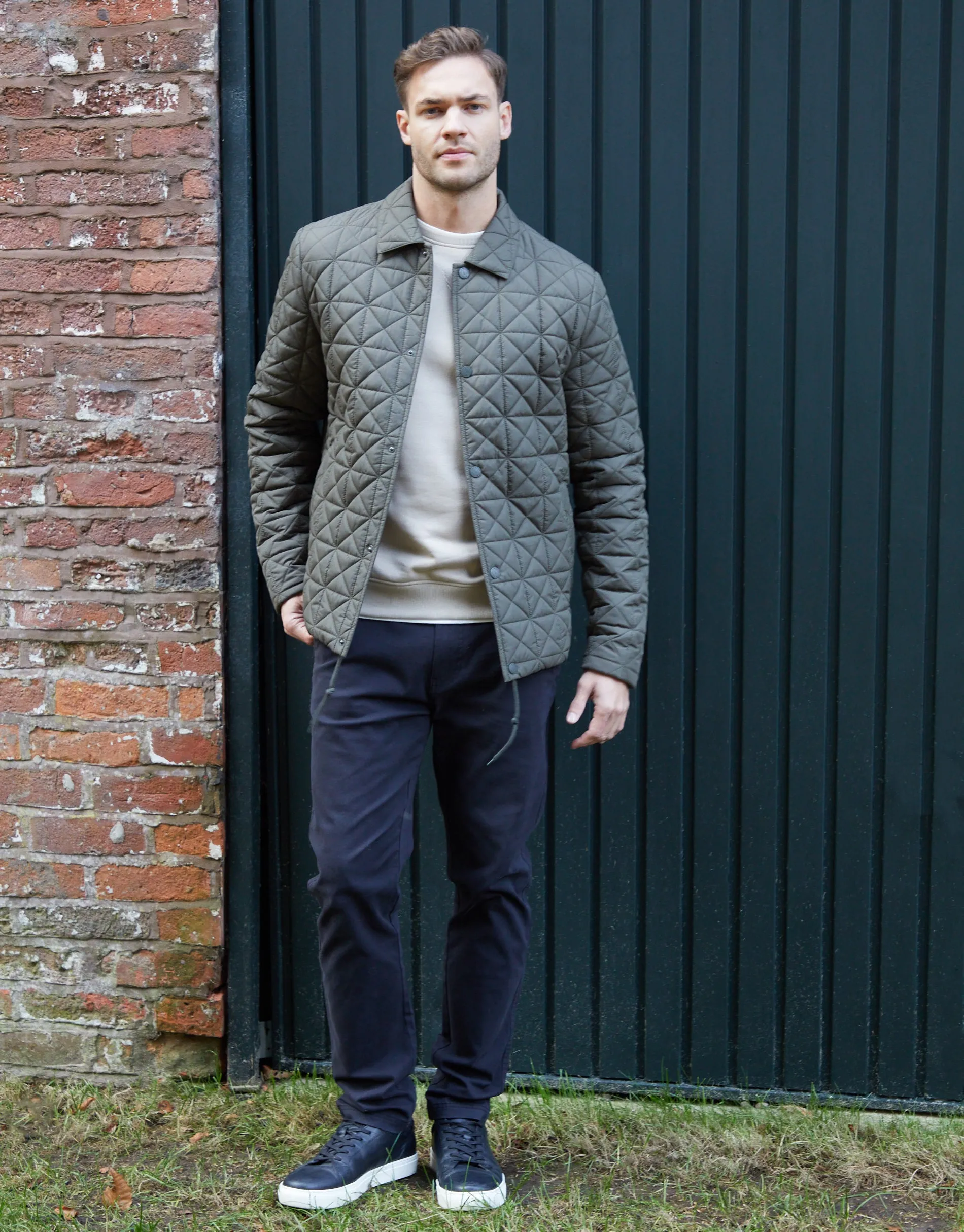 Men's Khaki Collared Quilted Jacket