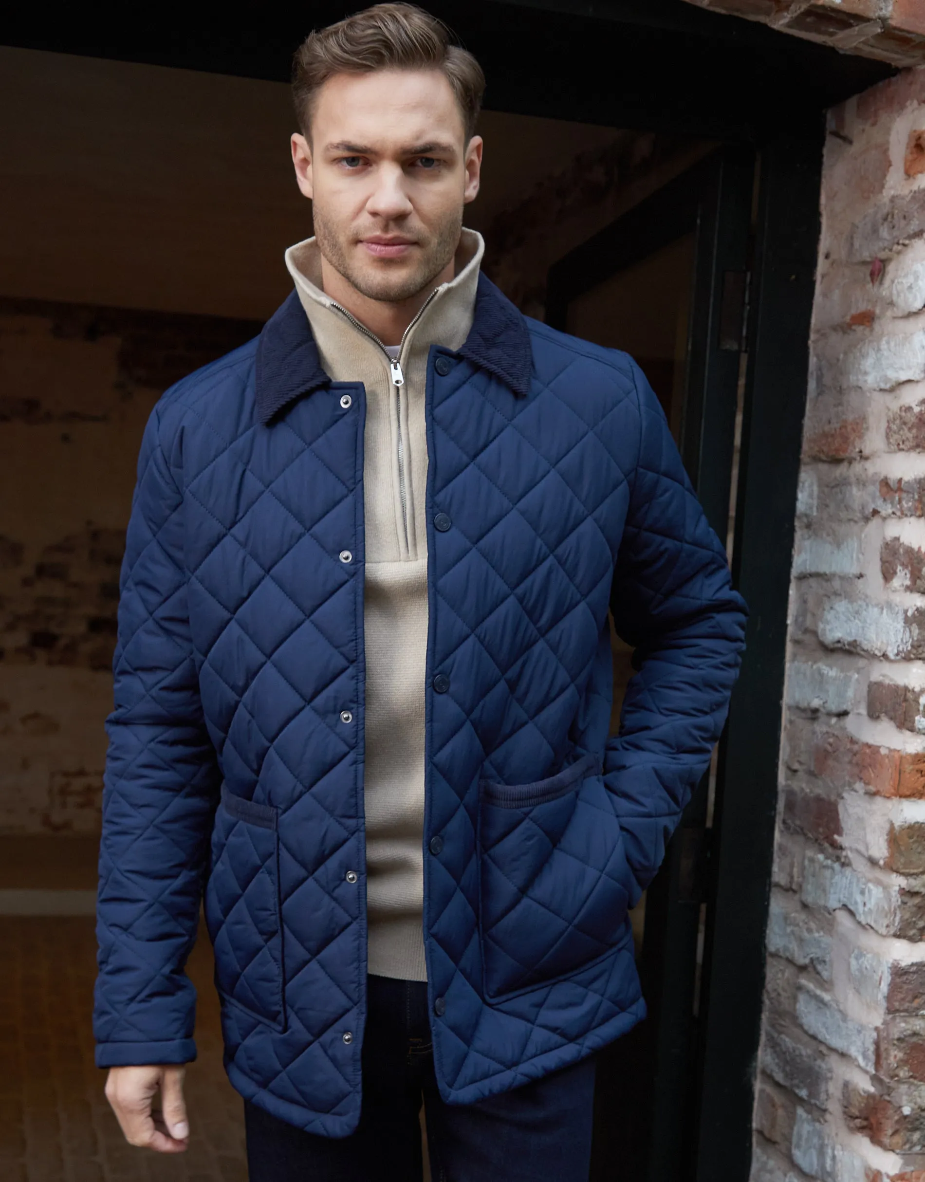 Men's Navy Diamond Quilted Collared Patch Pocket Jacket