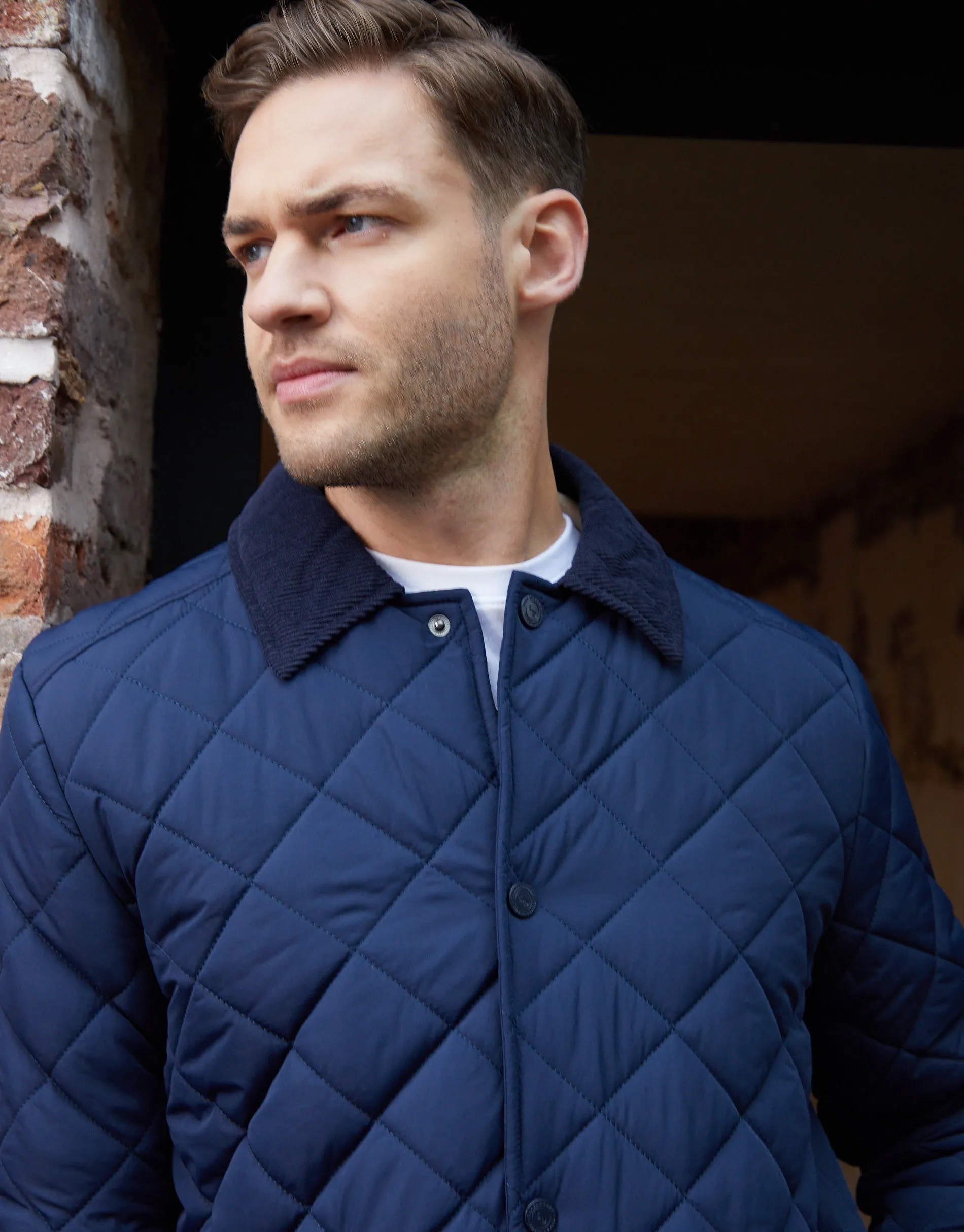 Men's Navy Diamond Quilted Collared Patch Pocket Jacket