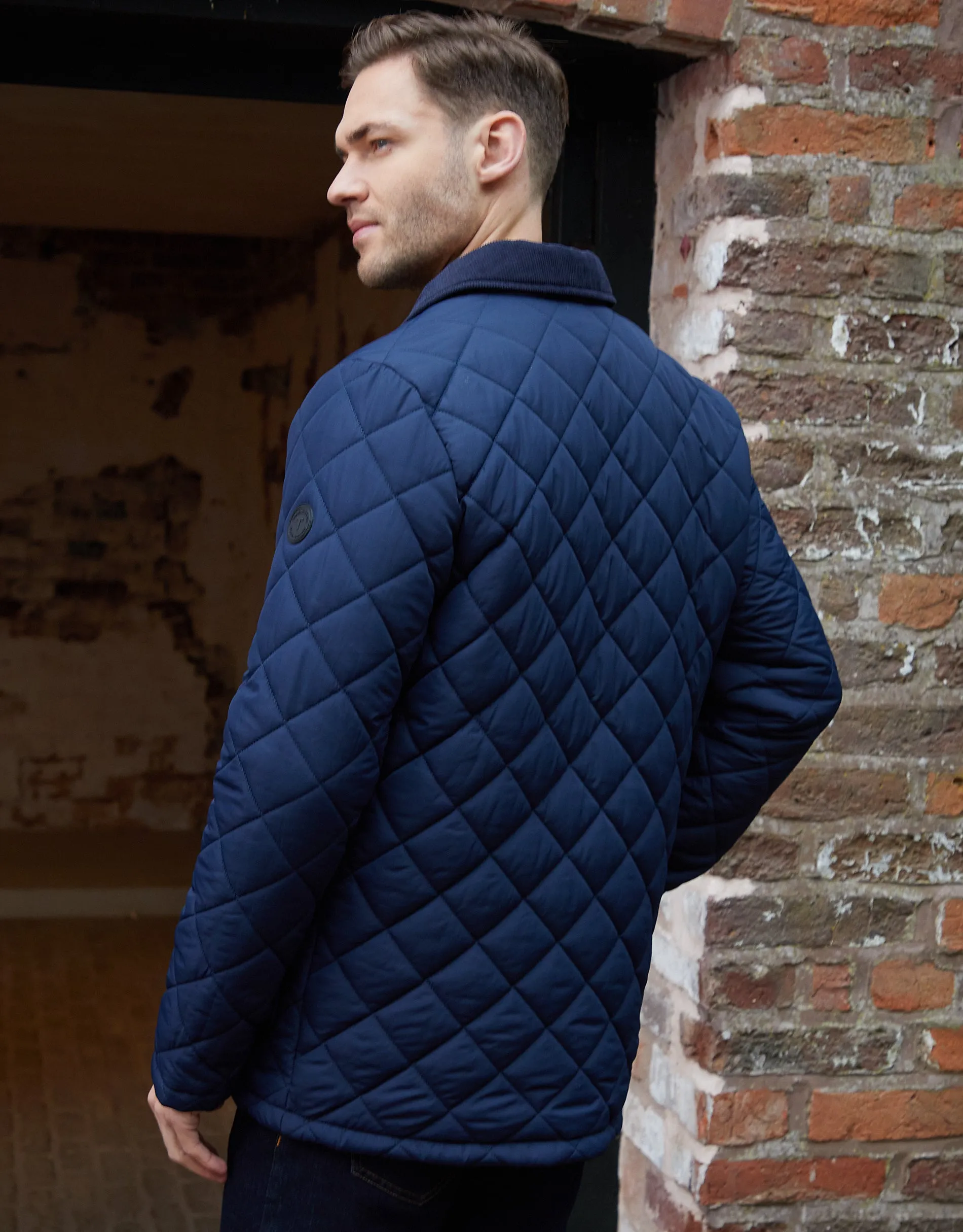 Men's Navy Diamond Quilted Collared Patch Pocket Jacket