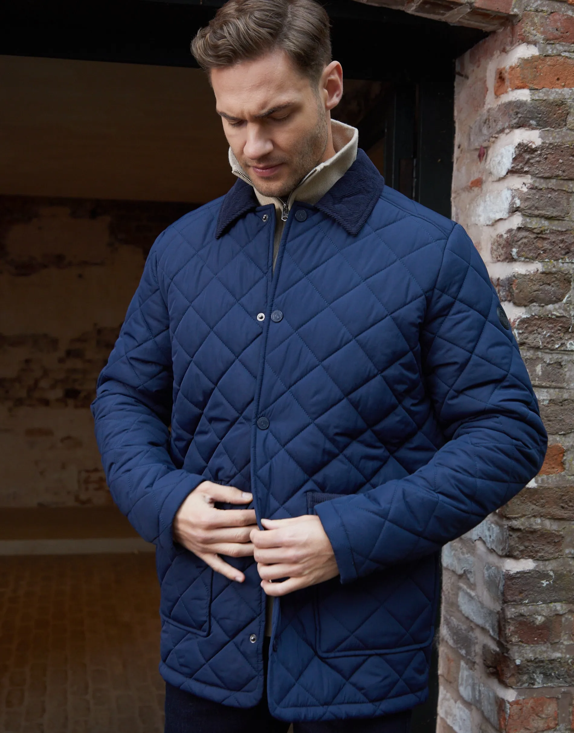 Men's Navy Diamond Quilted Collared Patch Pocket Jacket