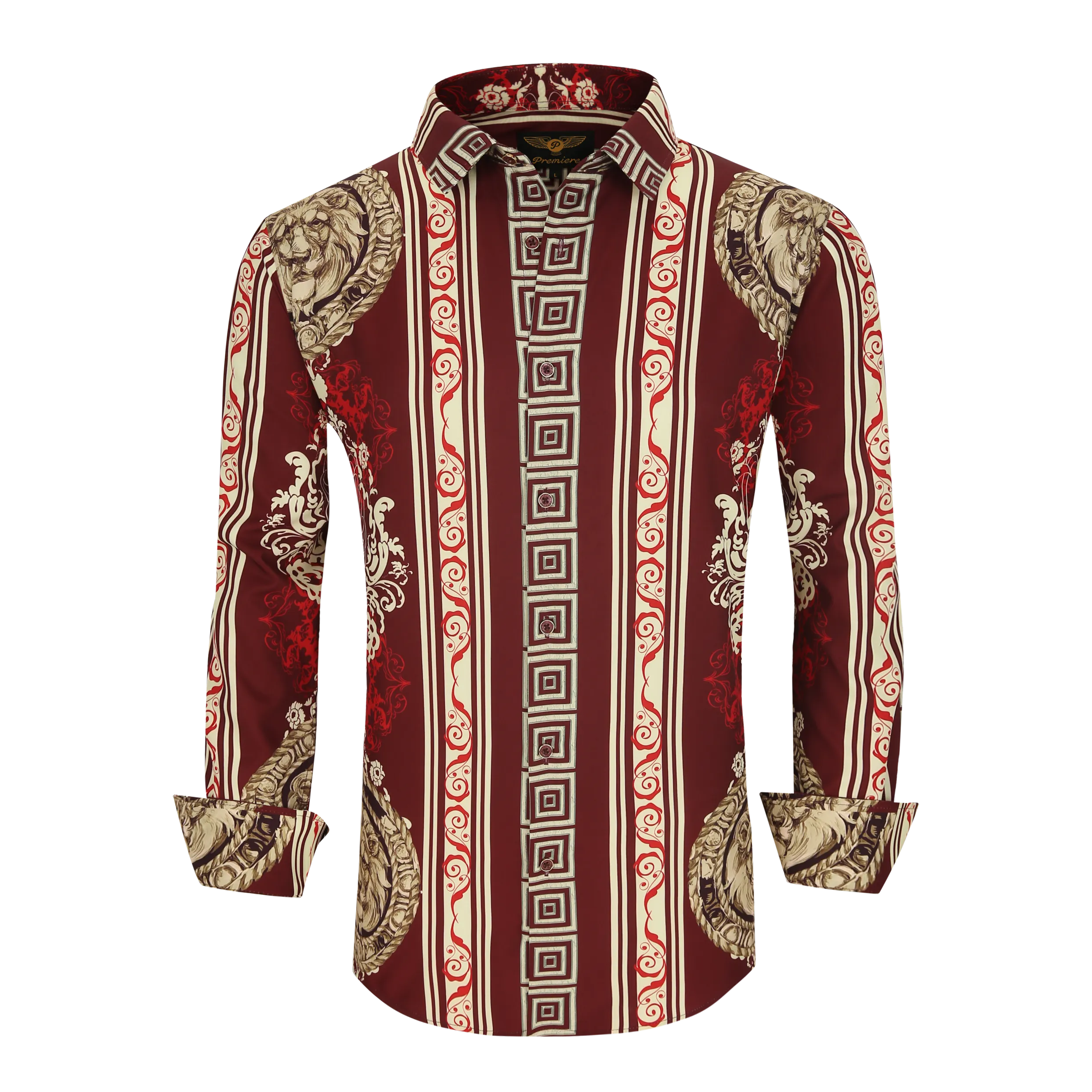 Men's PREMIERE Burgundy Red Gold Roaring Lion Long Sleeve Button Down Dress Shirt