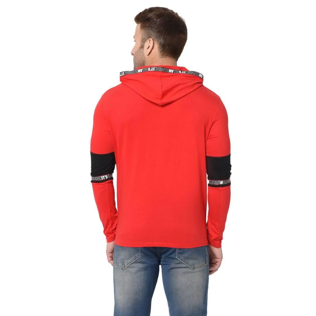 Men's Red Typography Cotton Self Pattern Hooded T-Shirt