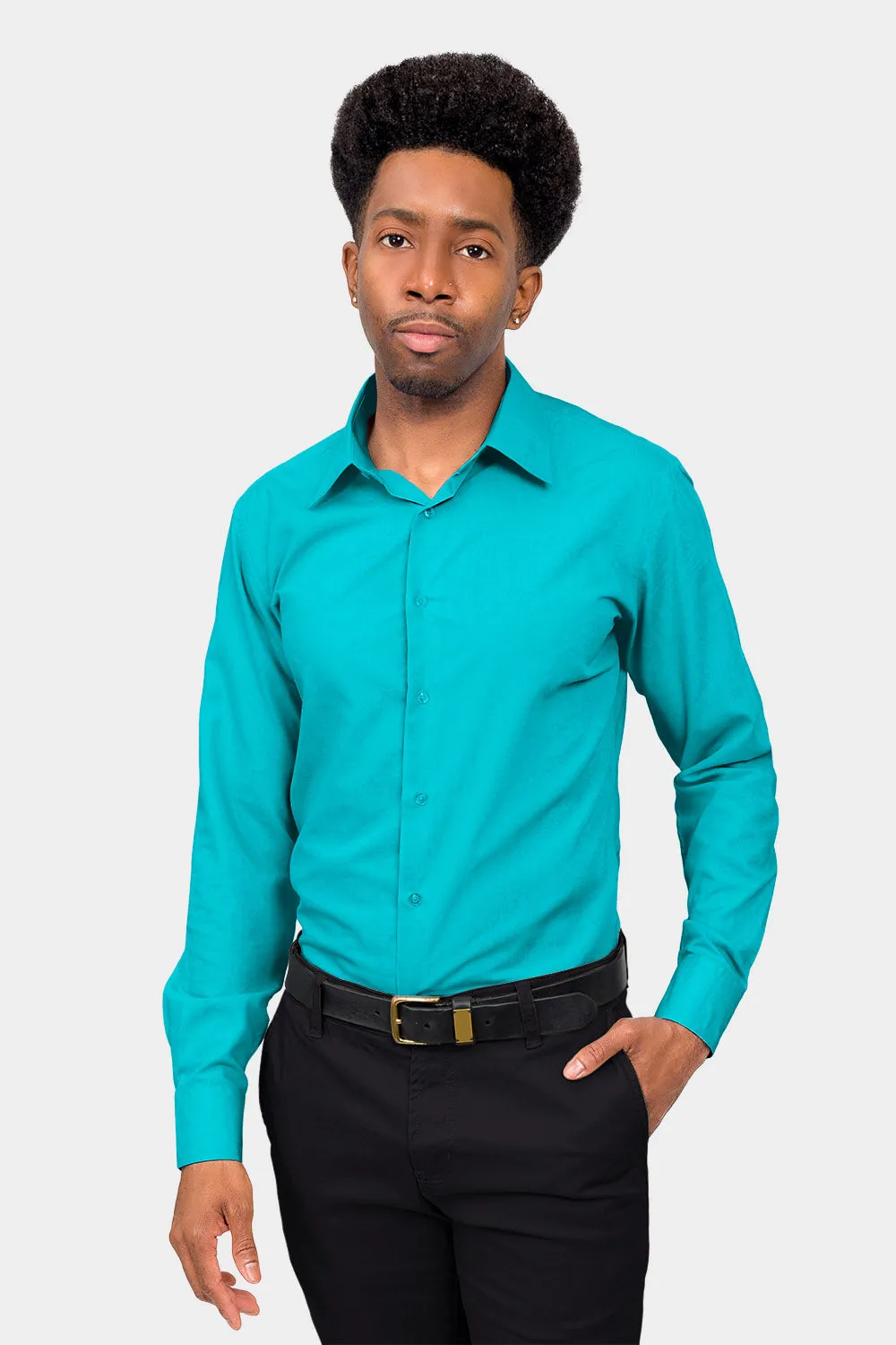 Men's Slim Fit Solid Color Dress Shirt (Turquoise)