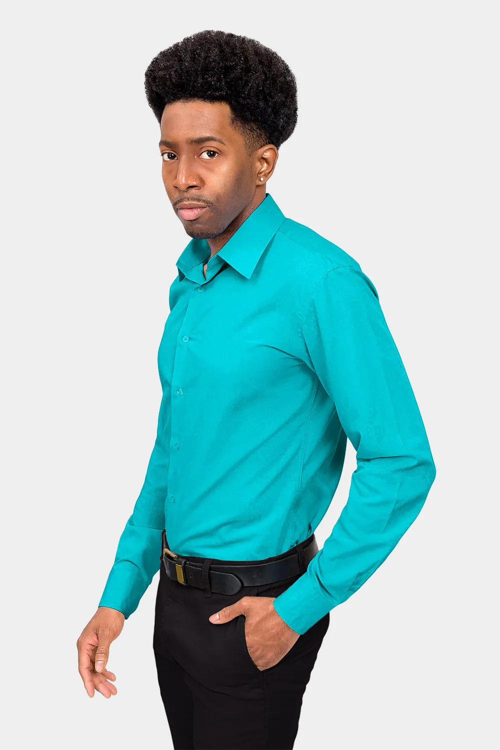 Men's Slim Fit Solid Color Dress Shirt (Turquoise)