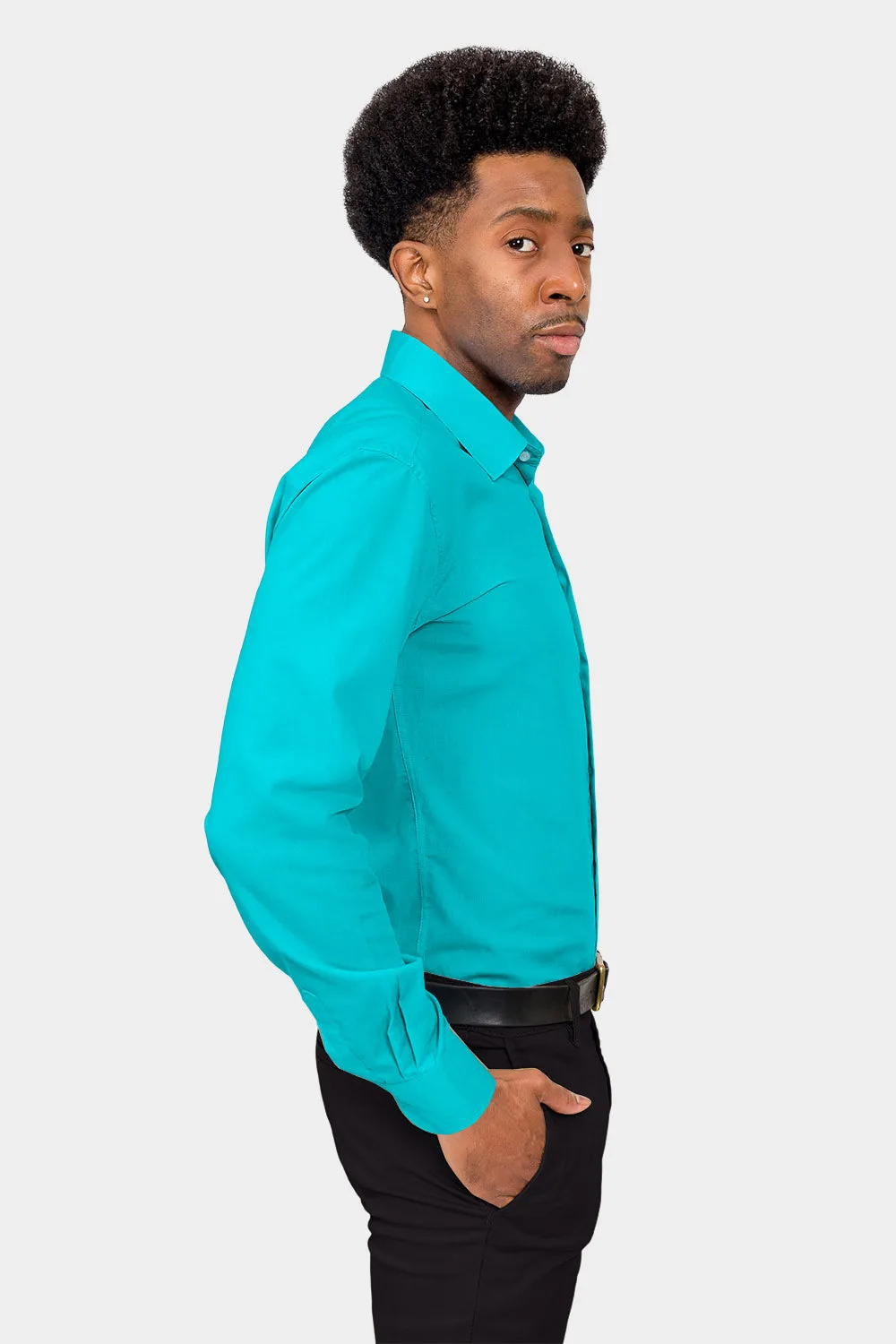 Men's Slim Fit Solid Color Dress Shirt (Turquoise)