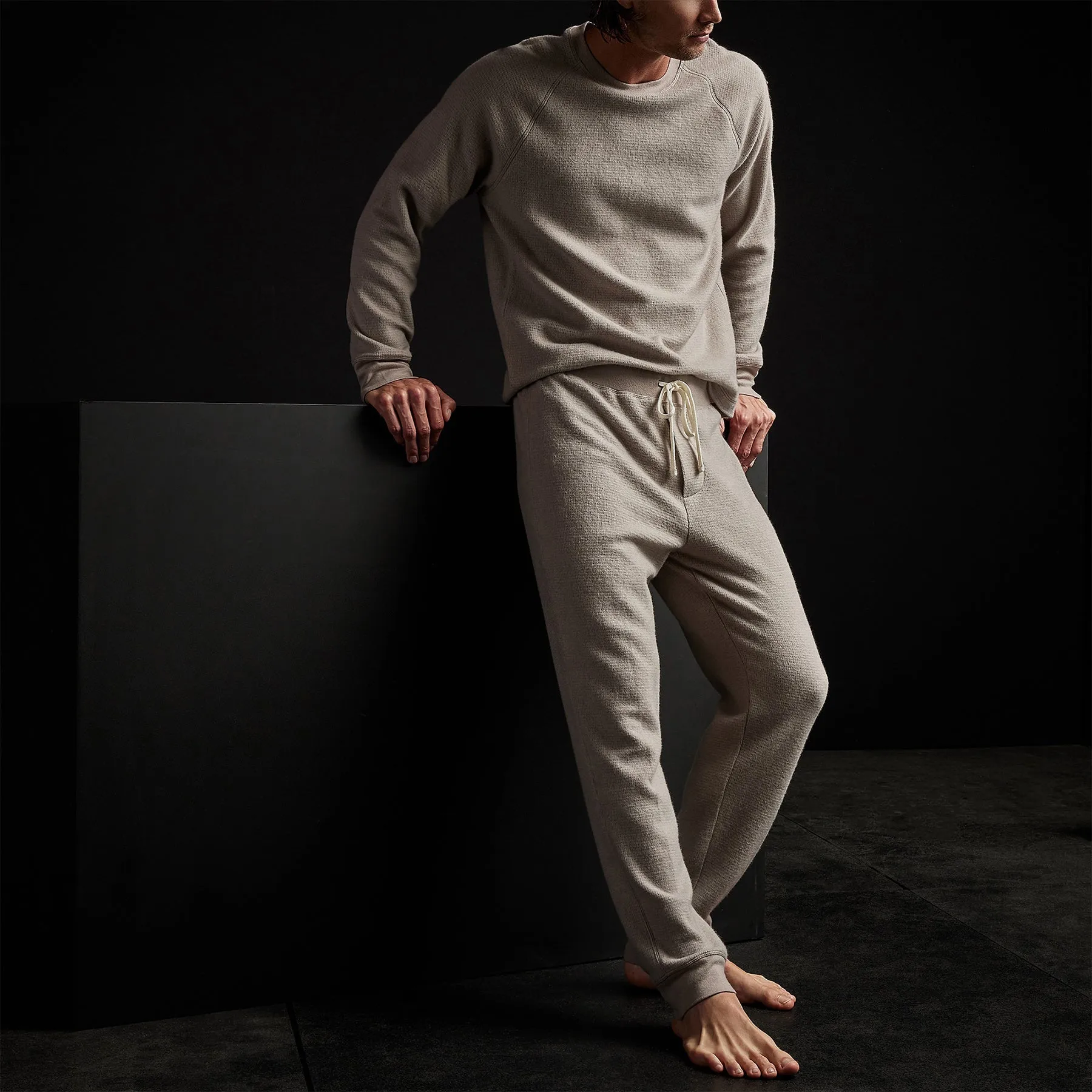 Men's Thermal Knit Lounge Set With Cashmere Blanket - Dapple/Taupe Melange