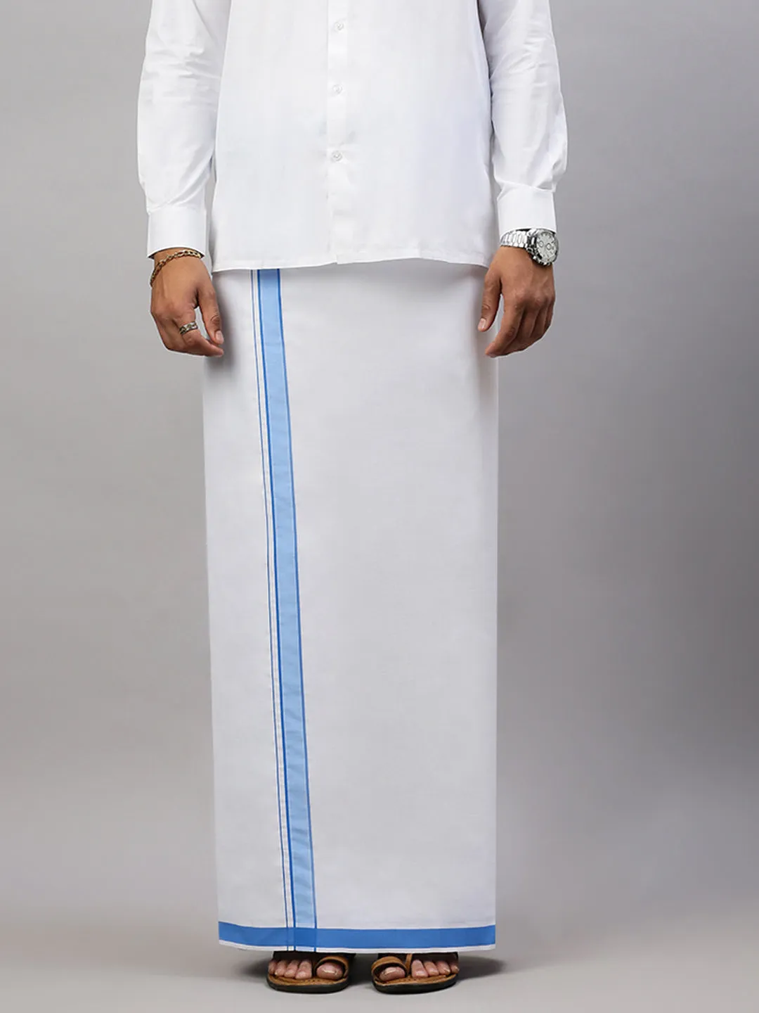 Mens White Shirt with Blue Fancy Border Dhoti Combo WP05