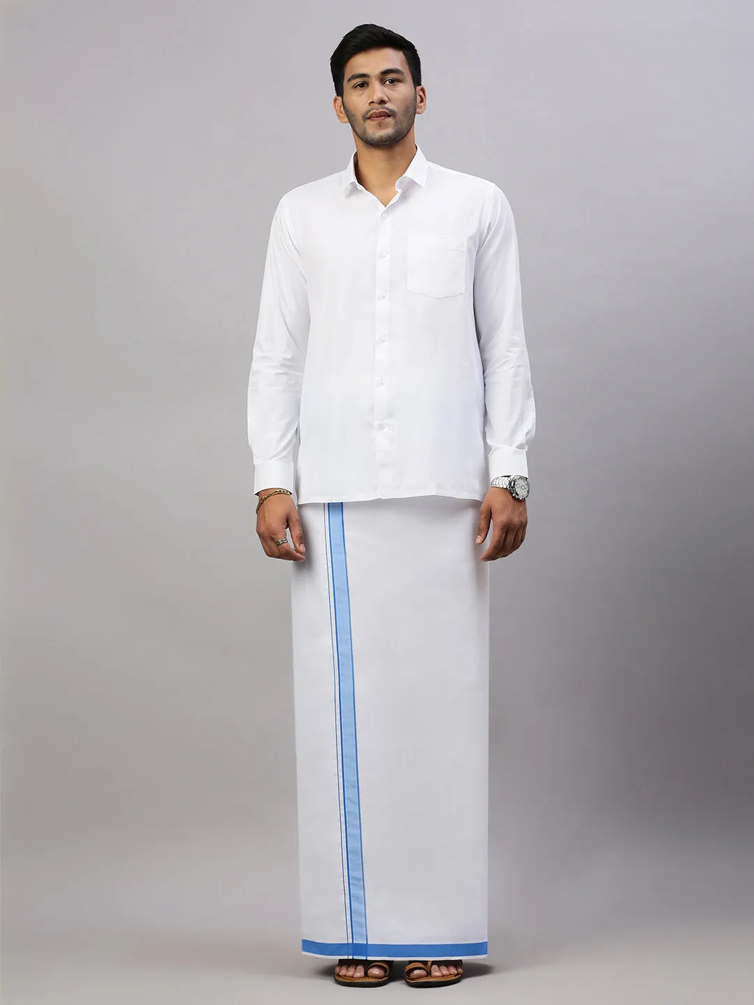 Mens White Shirt with Blue Fancy Border Dhoti Combo WP05