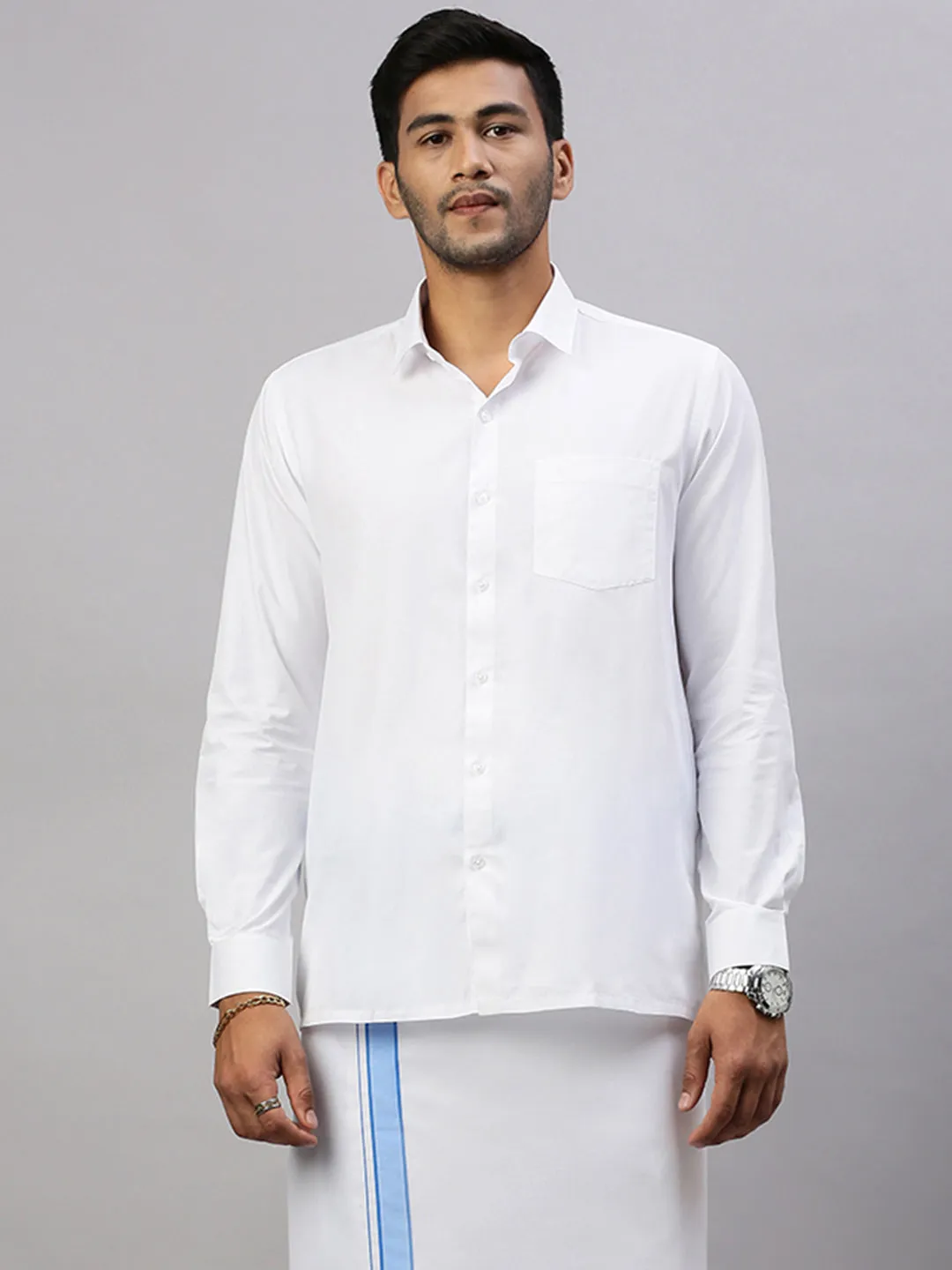 Mens White Shirt with Blue Fancy Border Dhoti Combo WP05