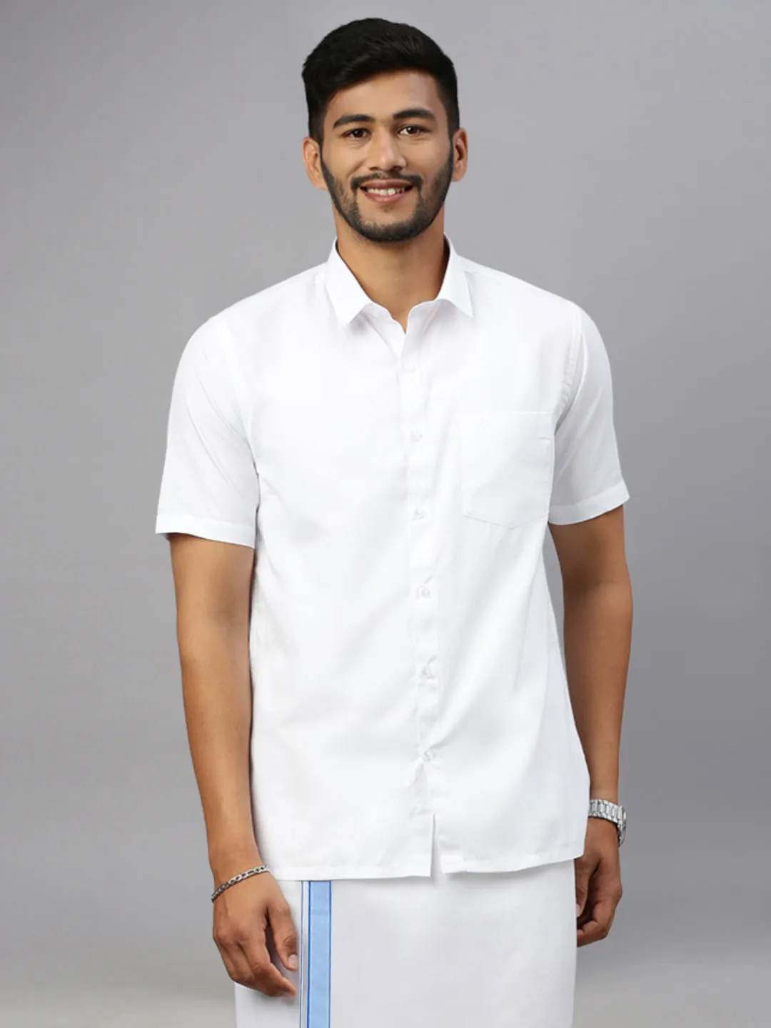 Mens White Shirt with Blue Fancy Border Dhoti Combo WP05