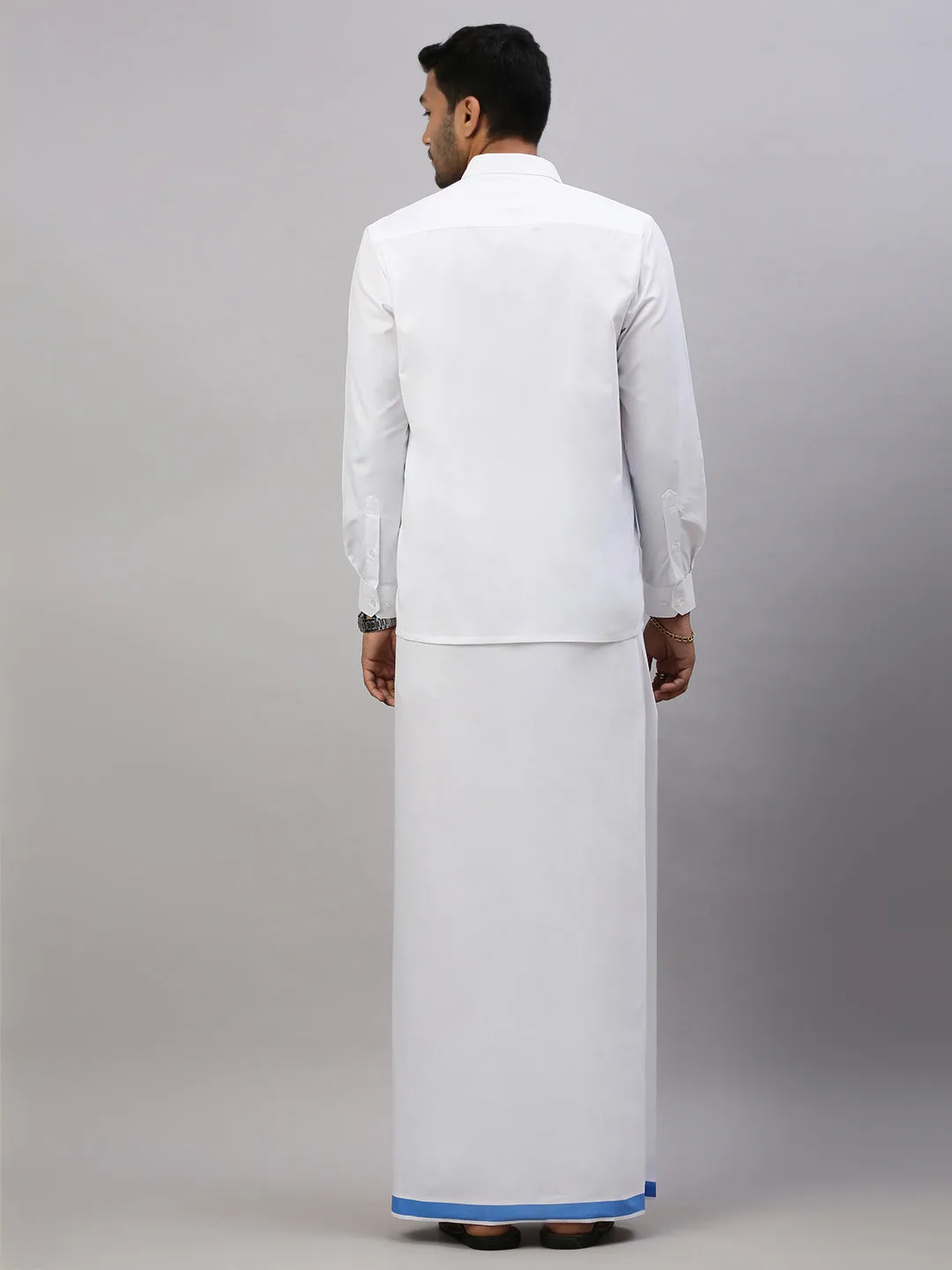 Mens White Shirt with Blue Fancy Border Dhoti Combo WP05