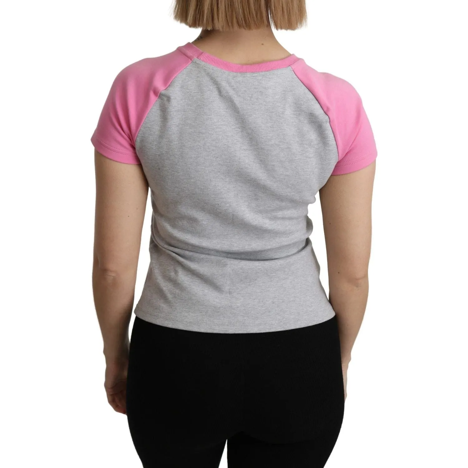 Moschino Chic Gray Crew Neck Cotton T-shirt with Pink Accents