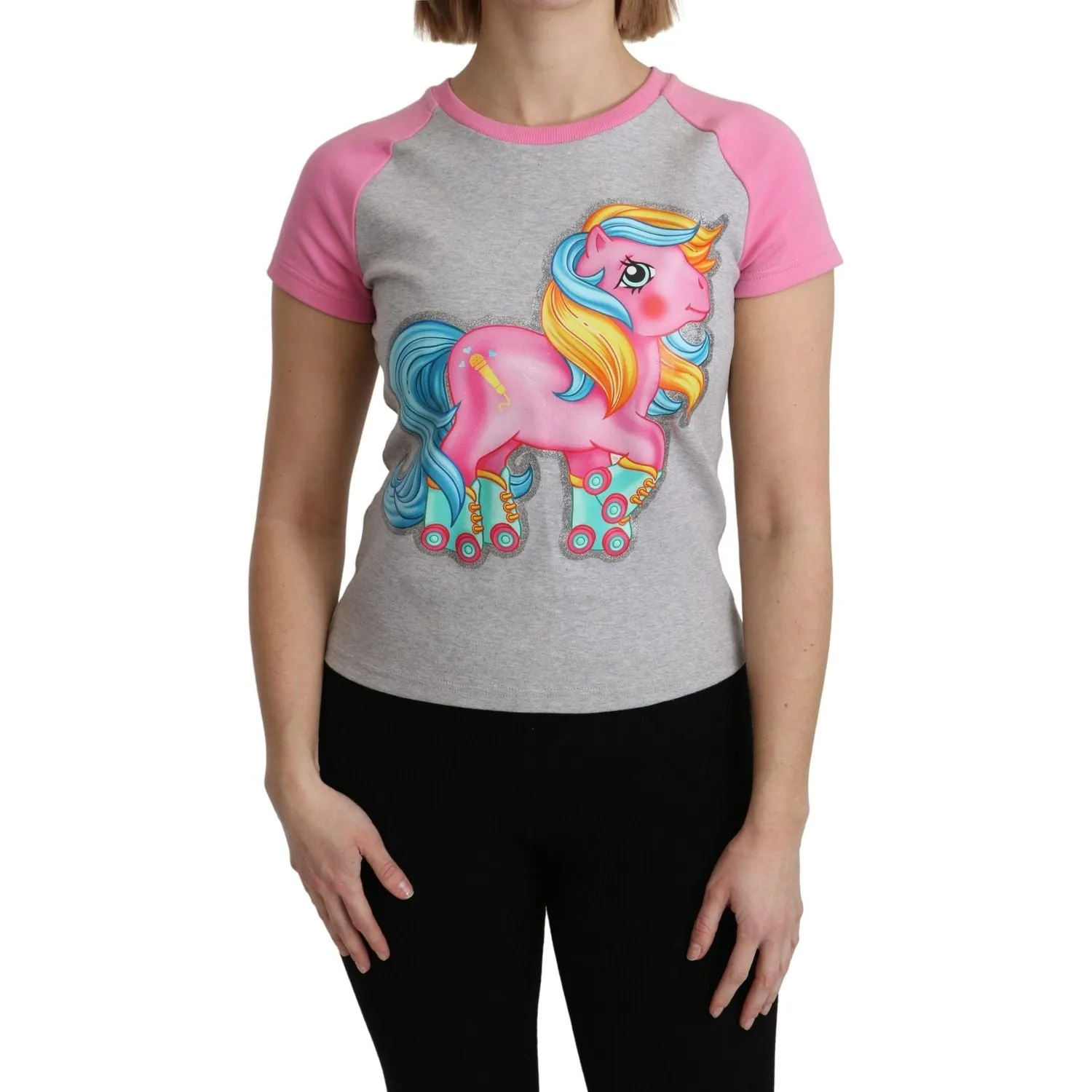 Moschino Chic Gray Crew Neck Cotton T-shirt with Pink Accents