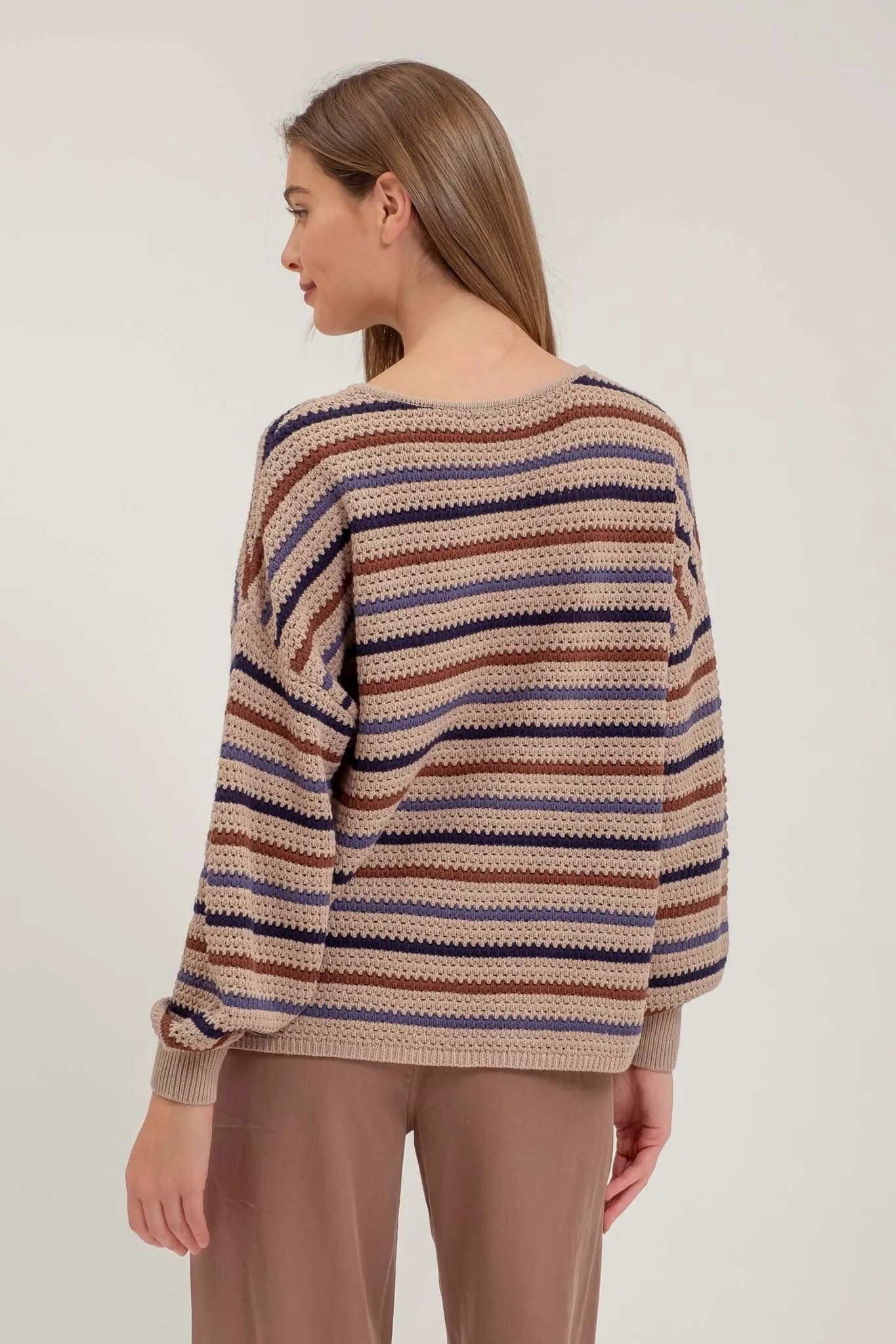 MULTICOLOR STRIPE CROCHET KNIT SWEATER