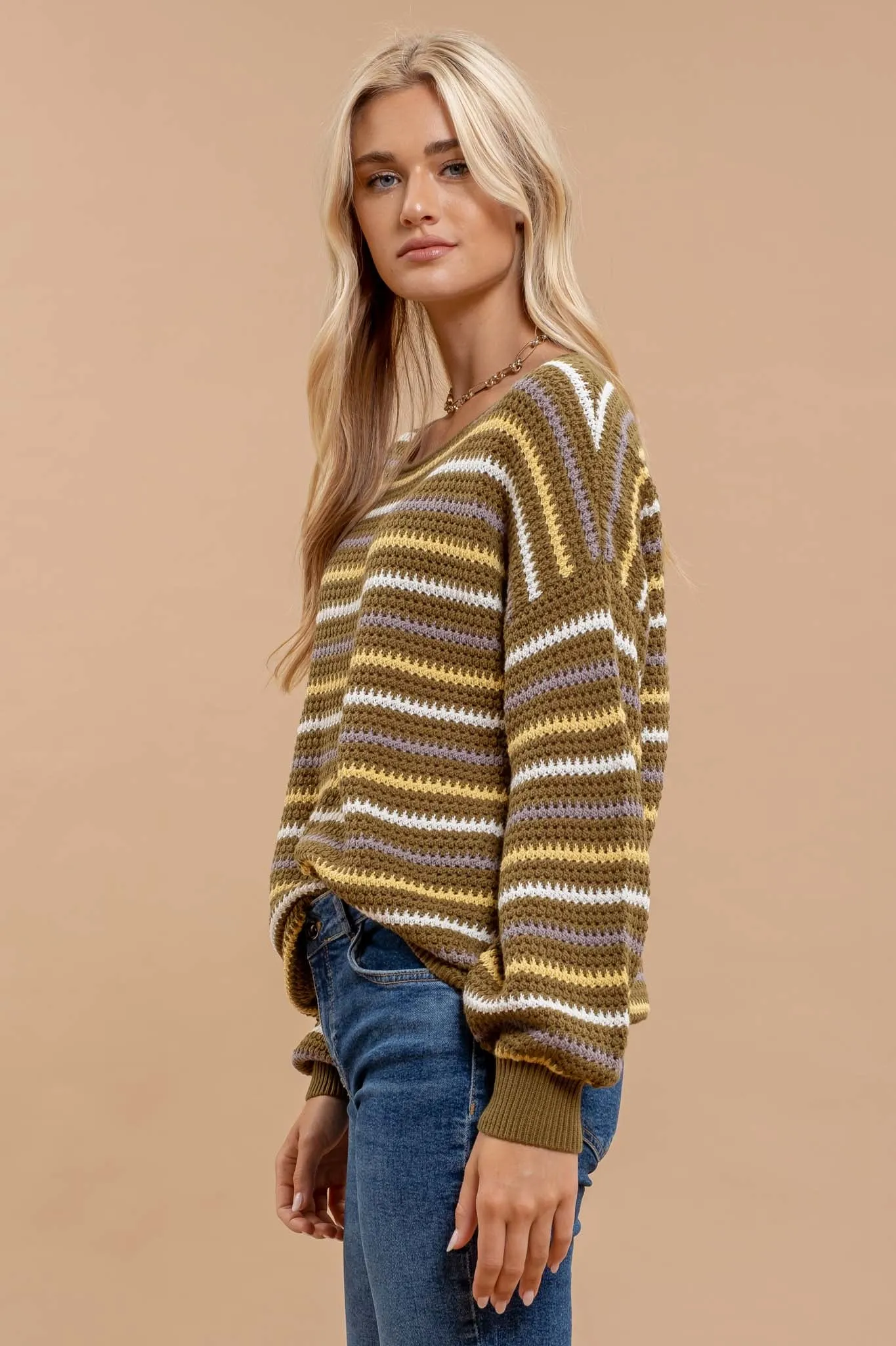 MULTICOLOR STRIPE CROCHET KNIT SWEATER