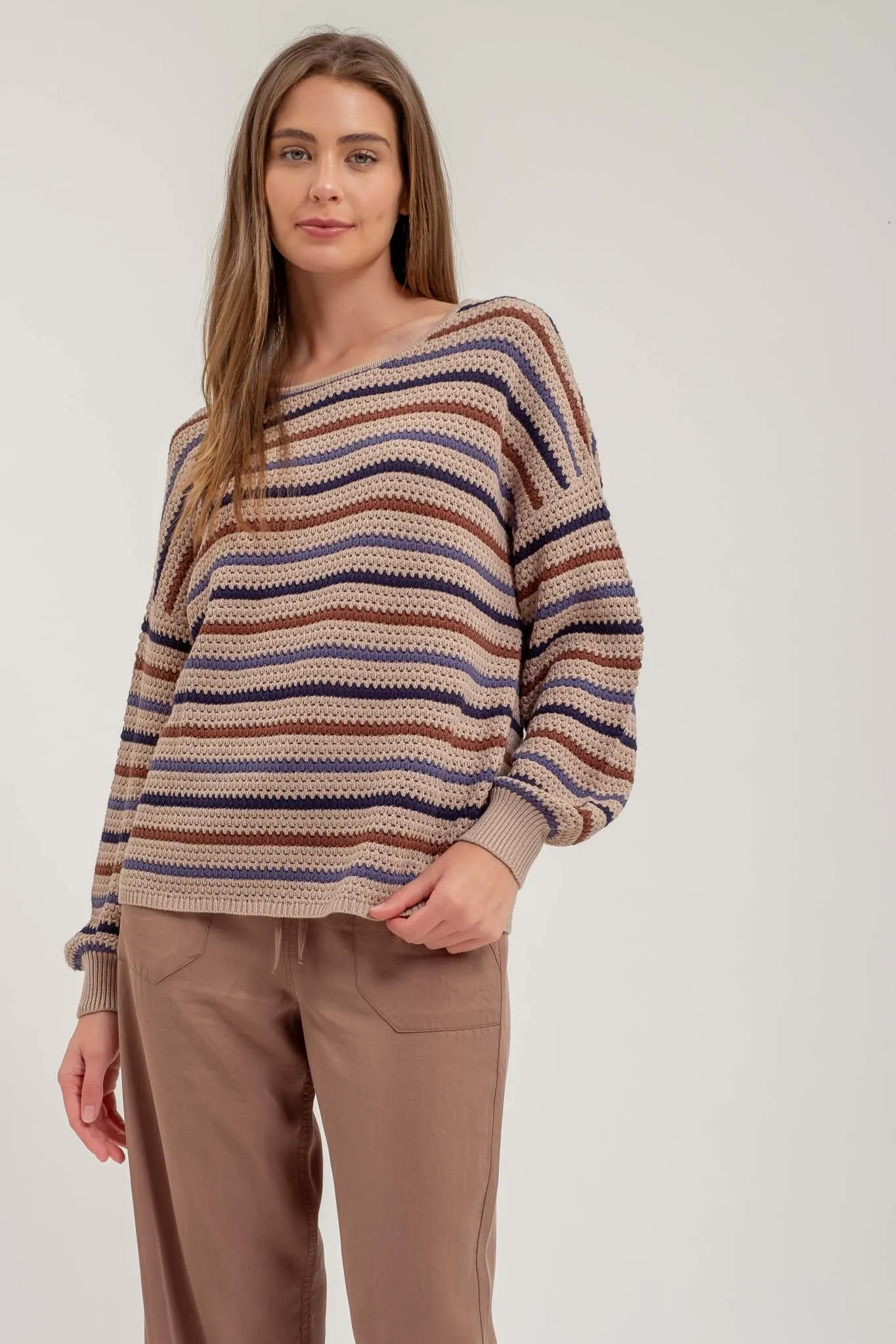 MULTICOLOR STRIPE CROCHET KNIT SWEATER