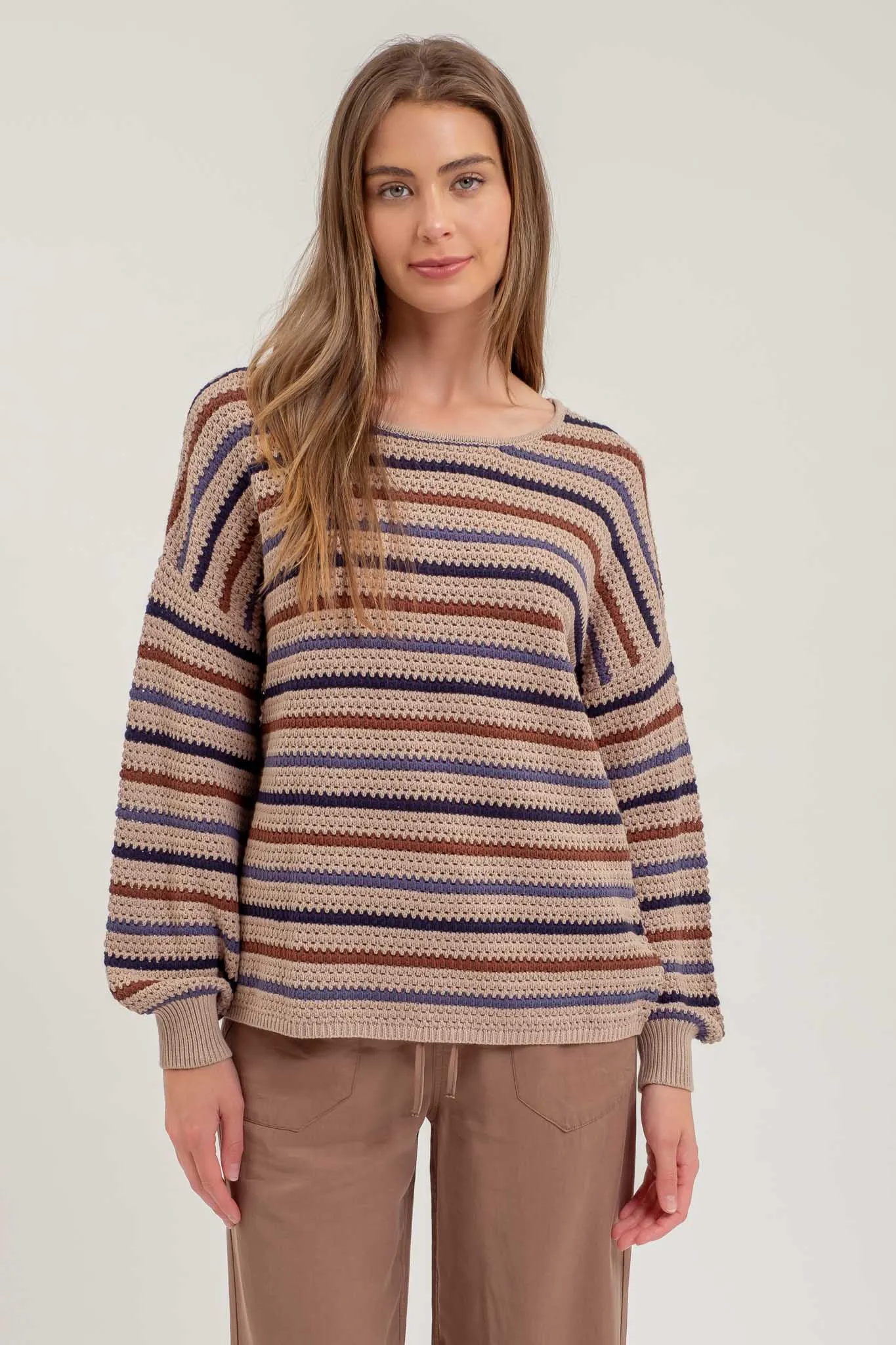 MULTICOLOR STRIPE CROCHET KNIT SWEATER