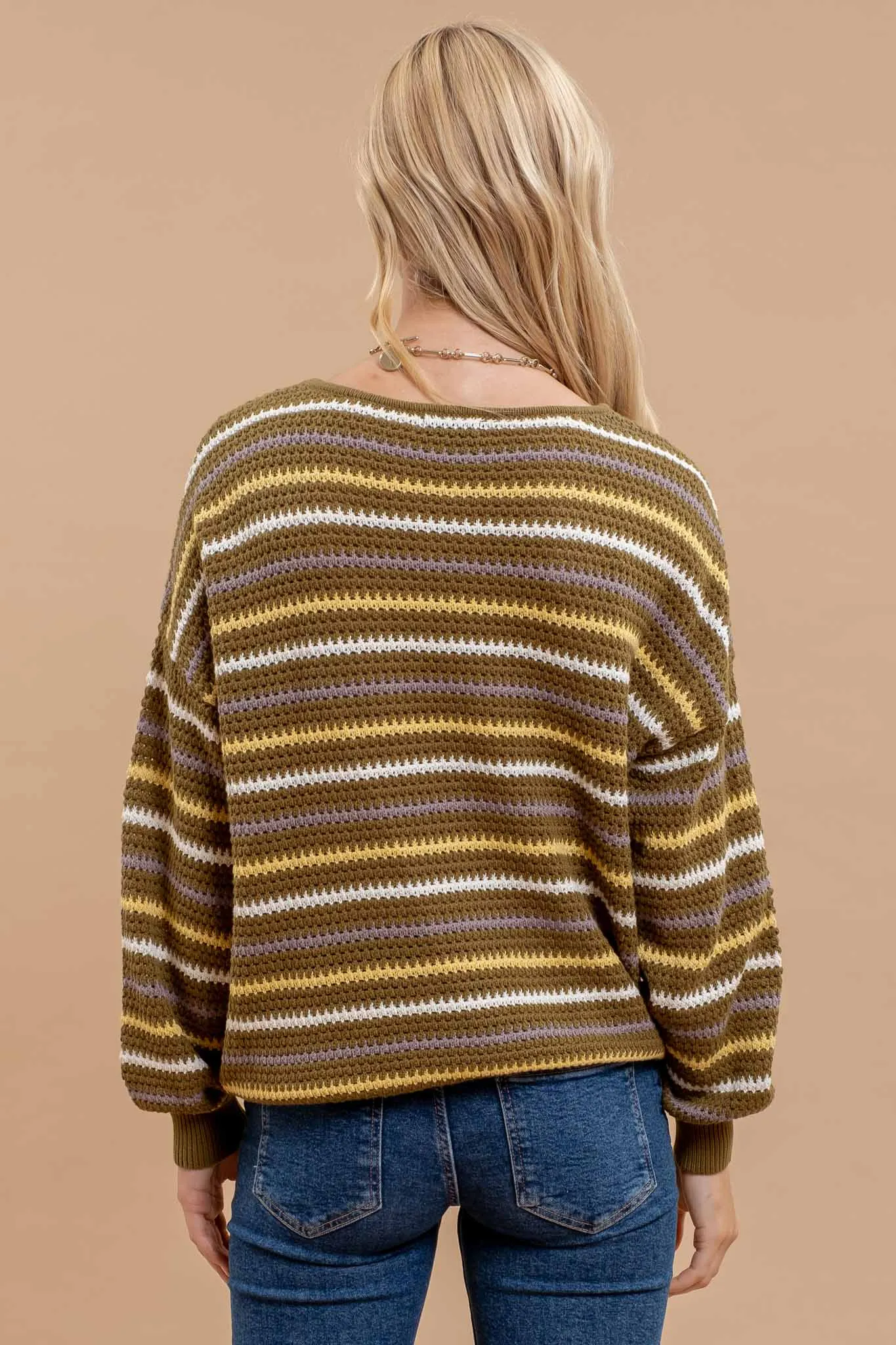 MULTICOLOR STRIPE CROCHET KNIT SWEATER