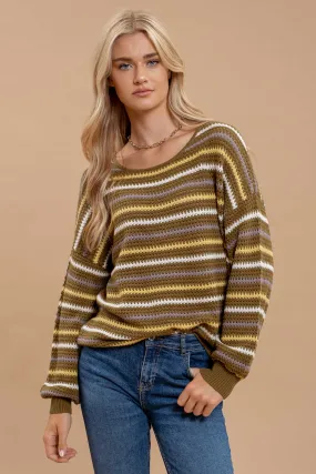 MULTICOLOR STRIPE CROCHET KNIT SWEATER