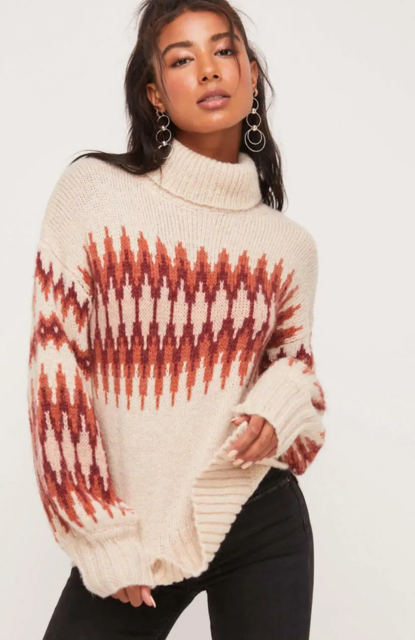 Oh So Cozy Mauve Print Knit Turtleneck Sweater