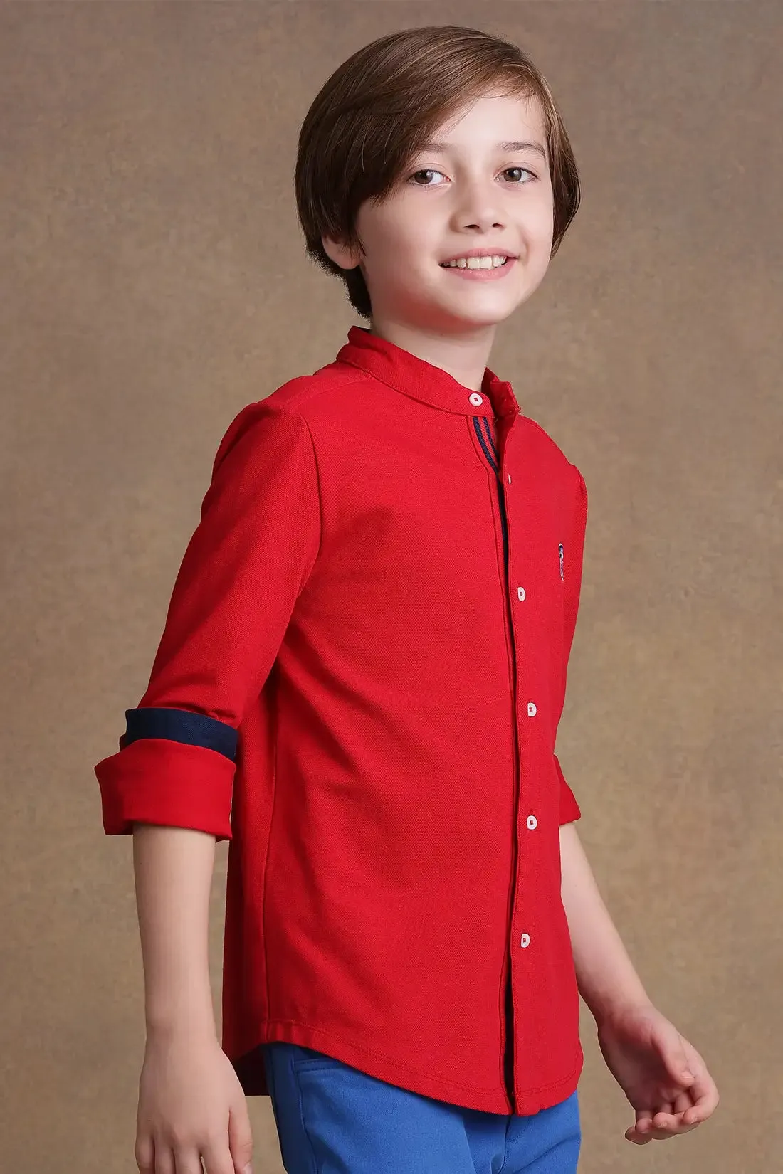 One Friday Kids Boys Red Embroidered Slim fit Shirt