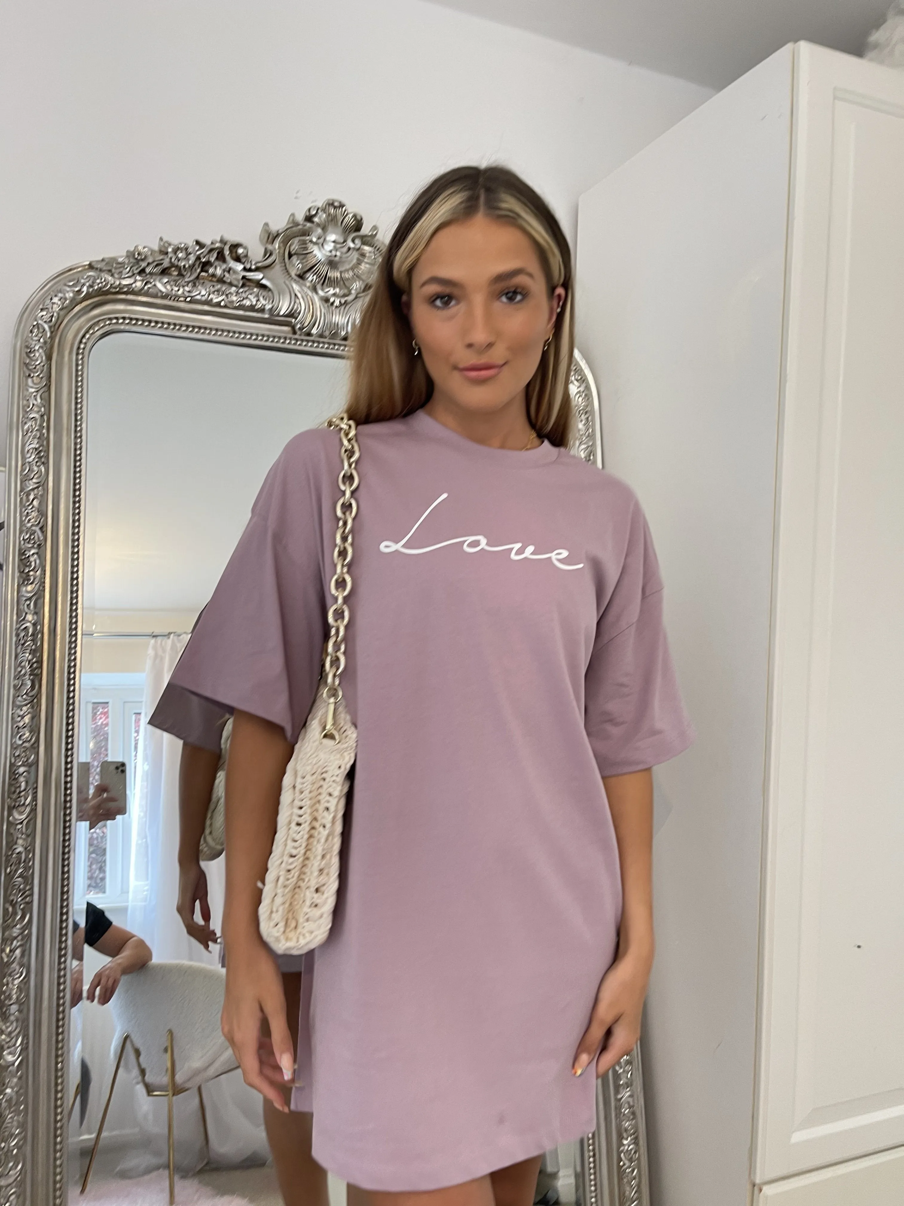 Oversized T Shirt Dress With Script Love Slogan In Dusky Pink