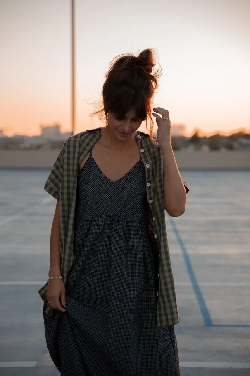 Paige Handwoven Cotton Relaxed Shirt Dress in Green Gingham Made to Order