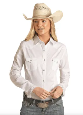 Panhandle Women's Rough Stock White Geo Pattern Woven Long Sleeve Snap Up Western Shirt RSWSOSR0P5