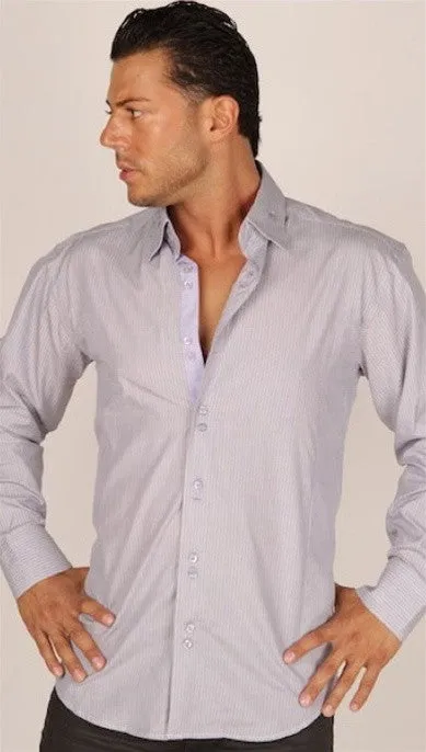 Preview Mens Grey Pinstripe Dress Shirt w/ Purple Contrast