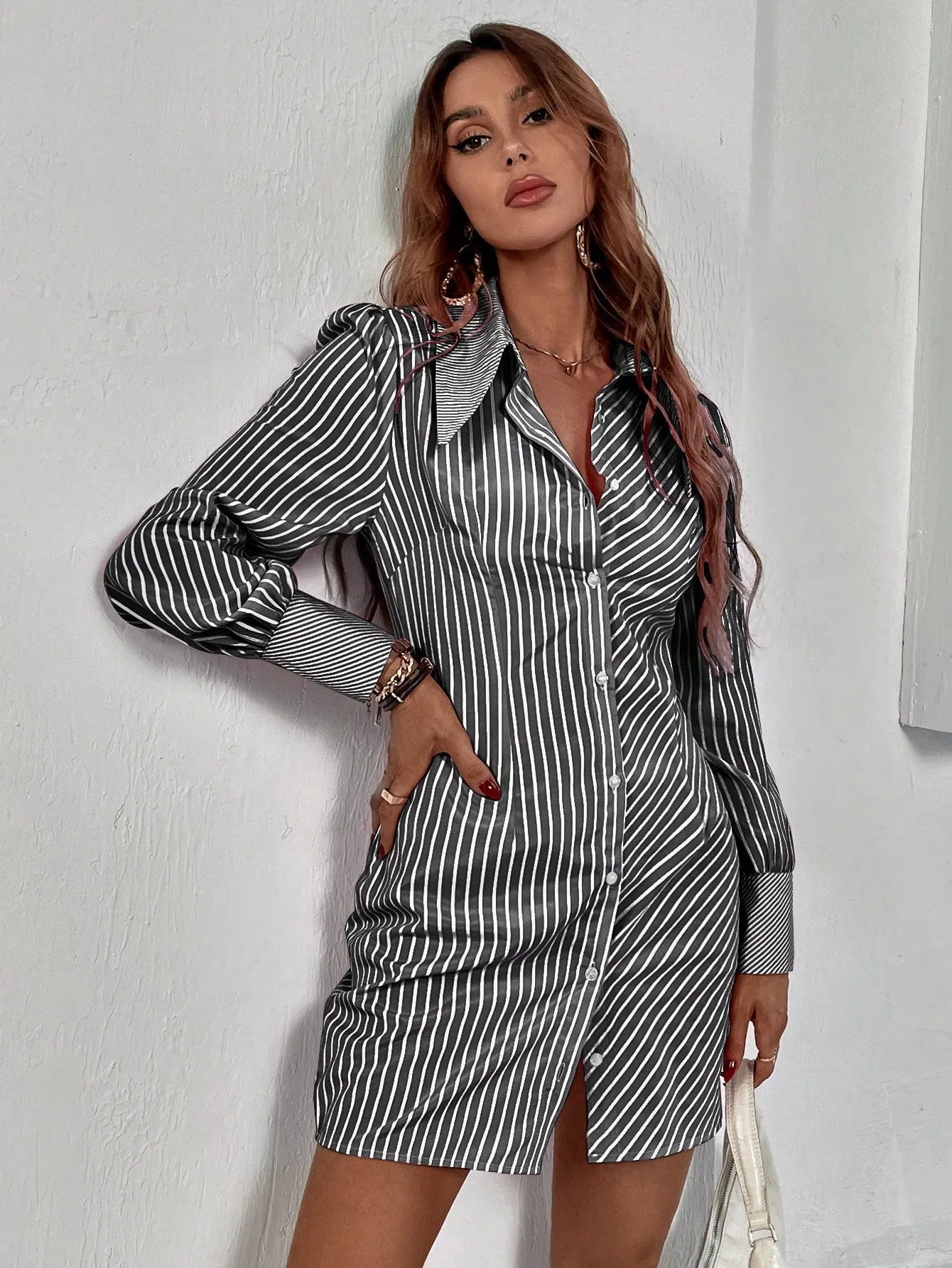 Privé Striped Print Button Front Shirt Dress