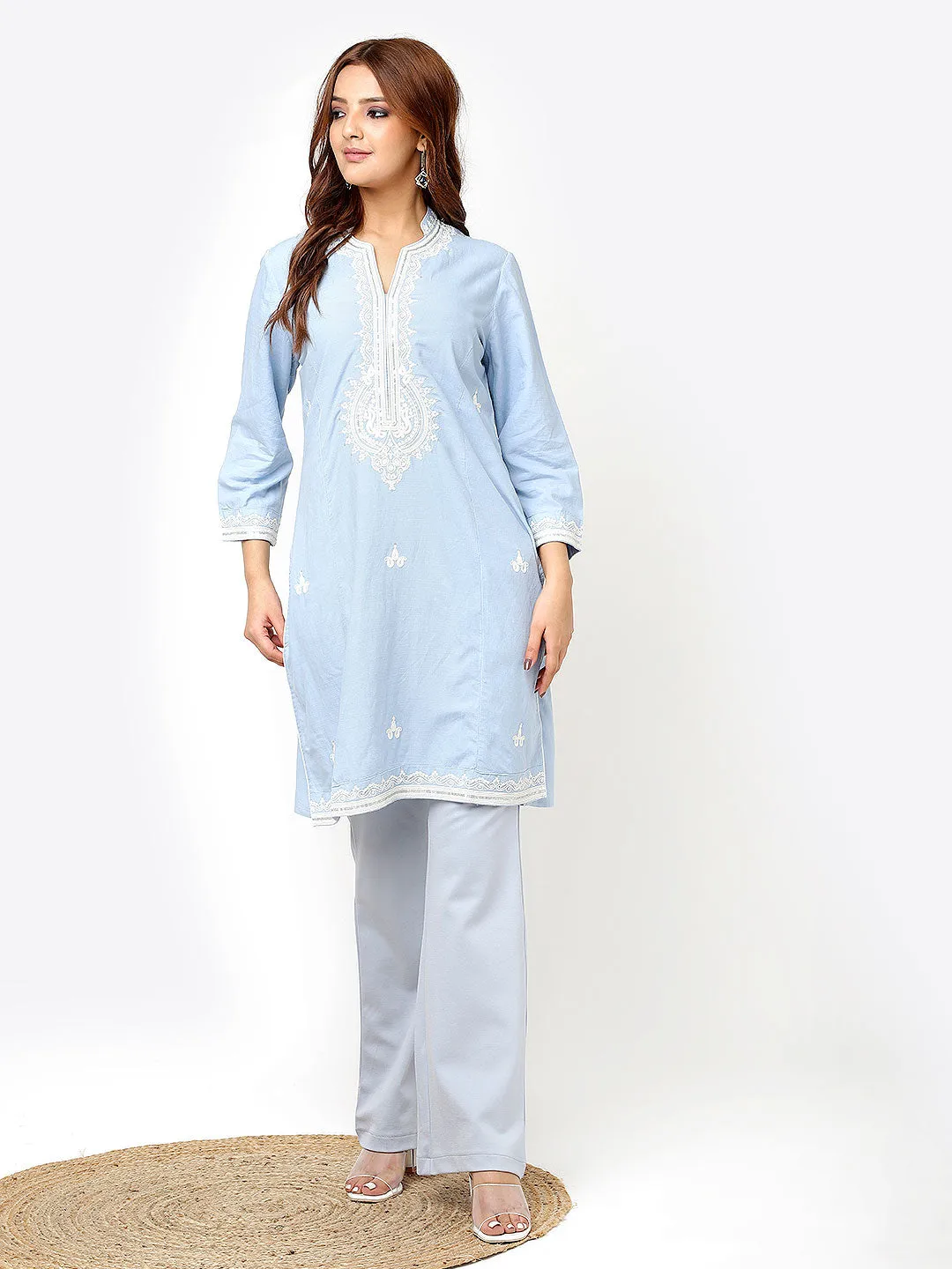 Raina Spa Blue Relaxed Fit Trousers for Women