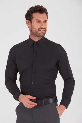 Regular Fit Patterned Cotton Blend Dress Shirt, Black D.