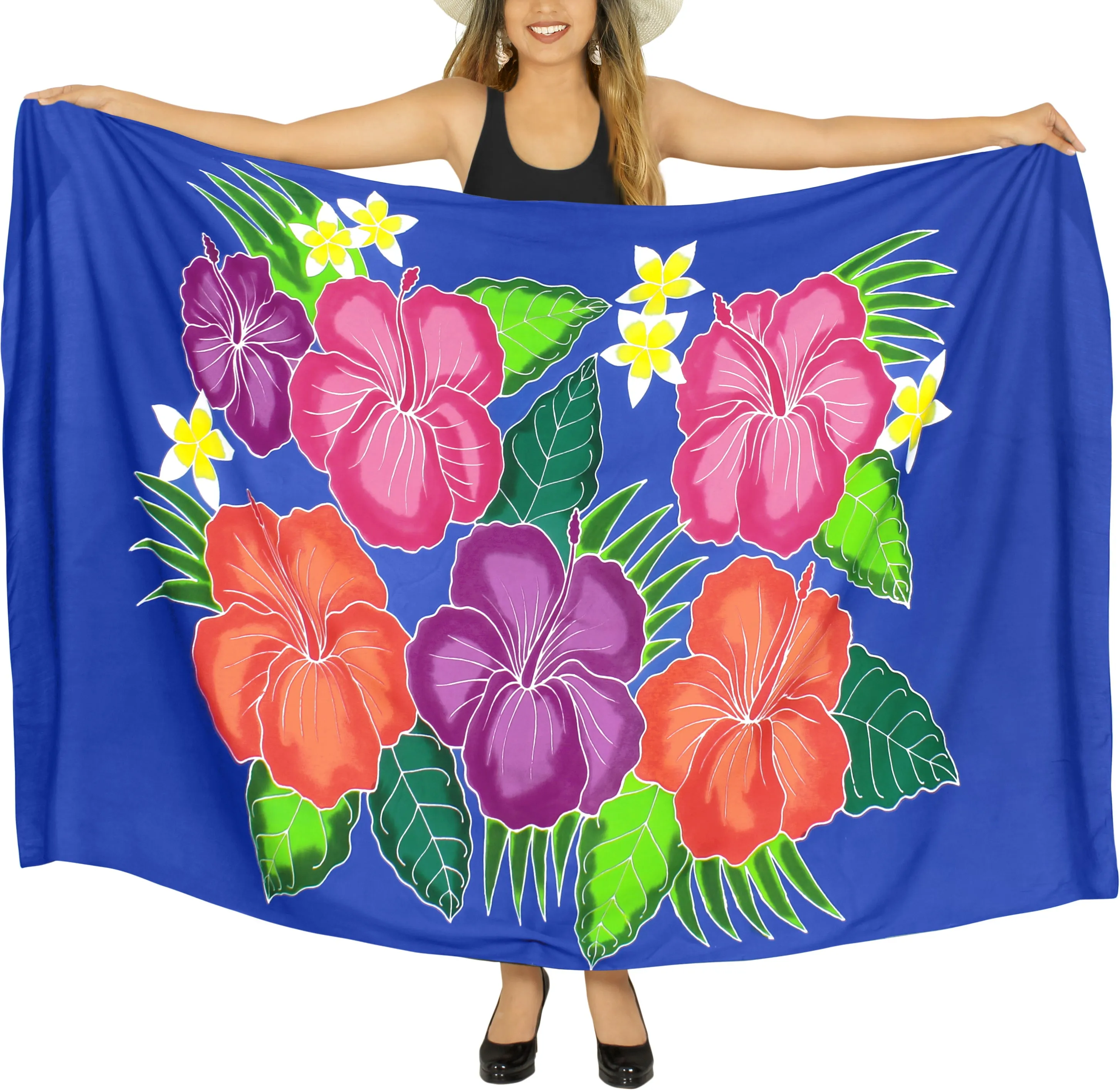 Royal Blue Non-Sheer Hand Painted Hibiscus Floral and Leaves Beach Wrap For Women