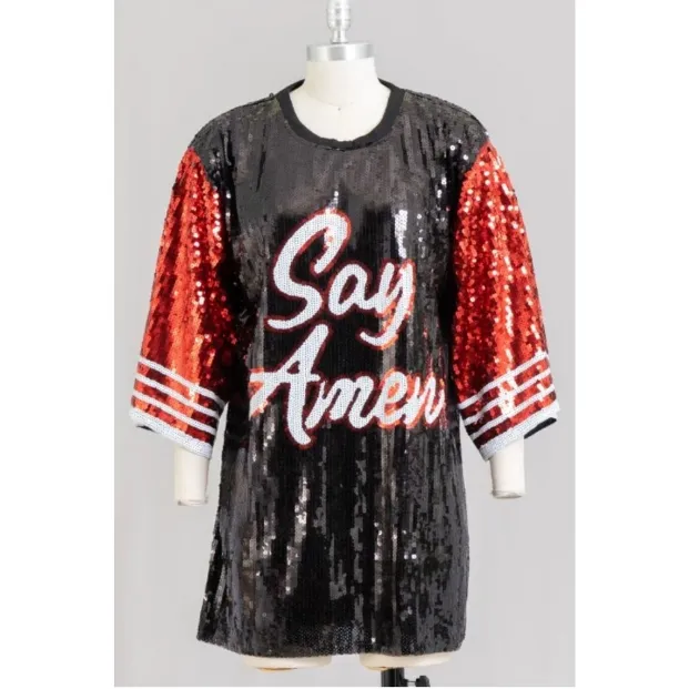 Sequin Jersey Top Say Amen Blessed Birthday Queen Gift