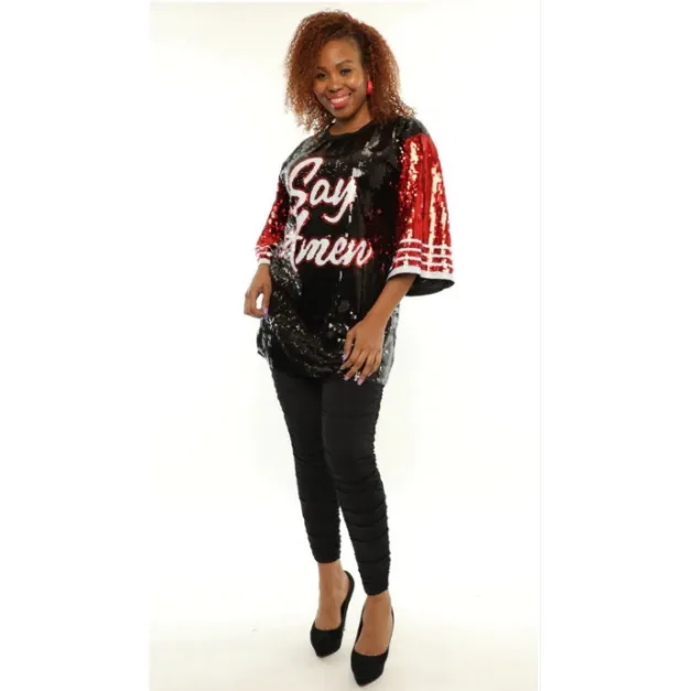 Sequin Jersey Top Say Amen Blessed Birthday Queen Gift