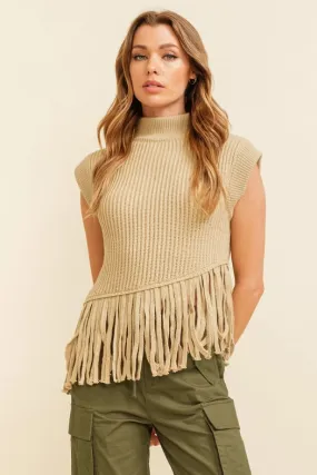 Sleeveless Fringe Turtleneck Sweater Beige