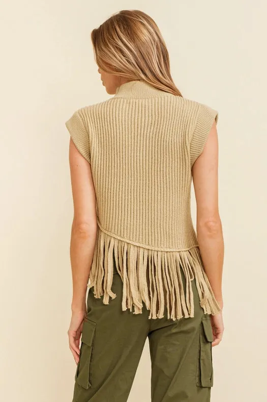 Sleeveless Fringe Turtleneck Sweater Beige