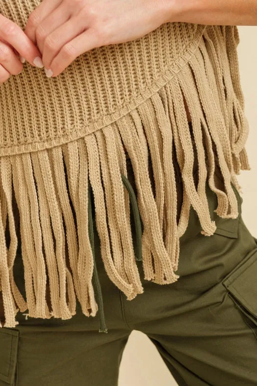 Sleeveless Fringe Turtleneck Sweater Beige