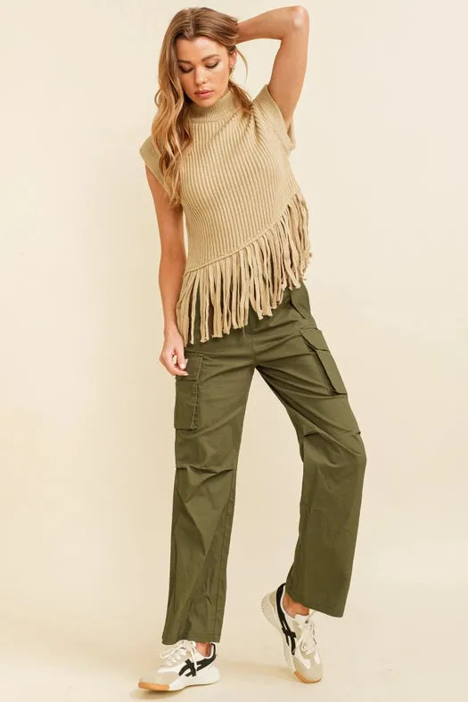 Sleeveless Fringe Turtleneck Sweater Beige