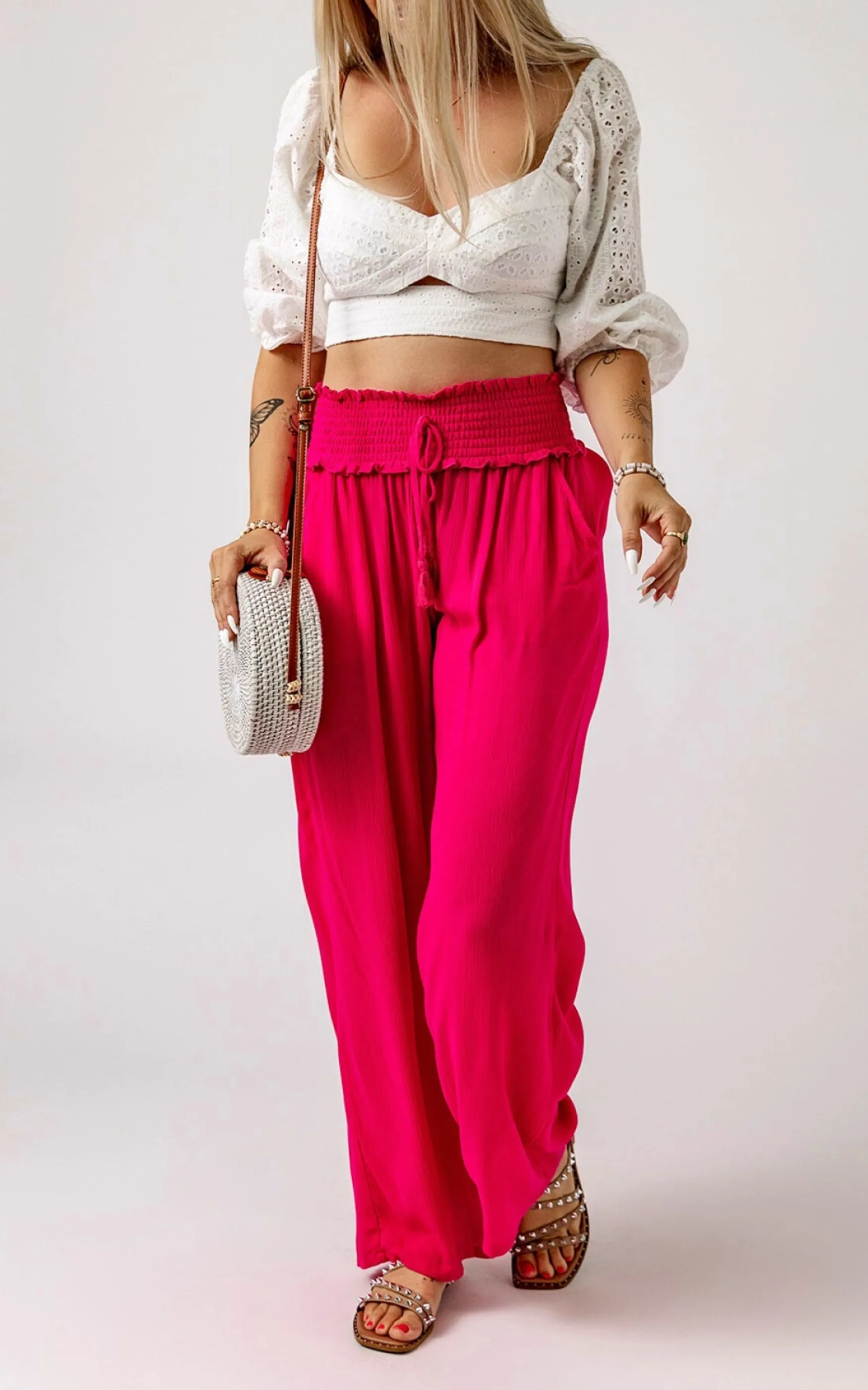 Smocked Elastic Waist Wide Leg Pants