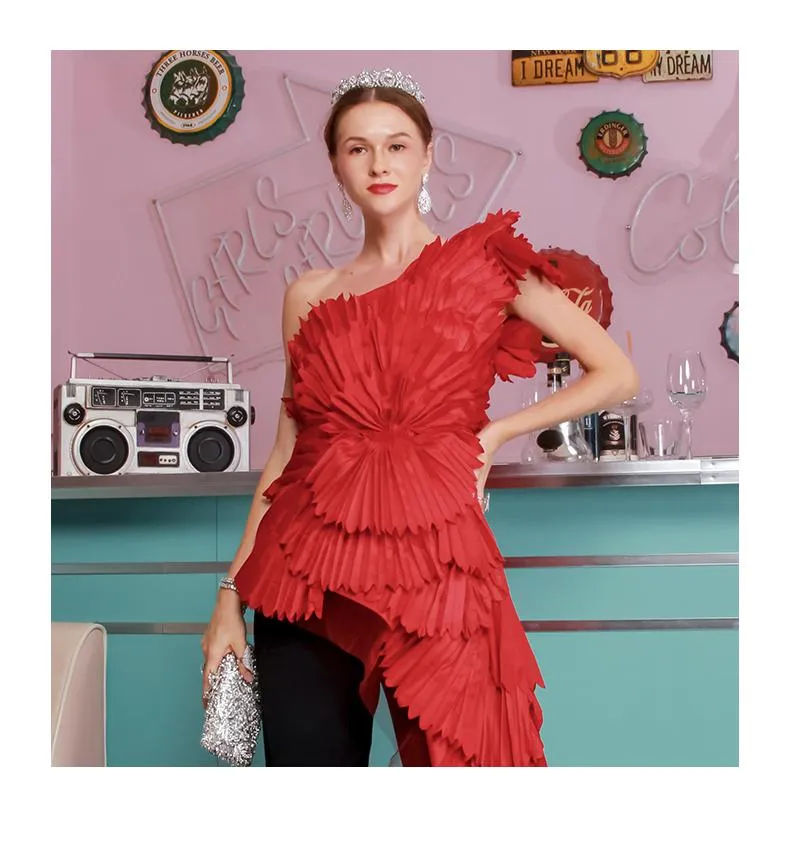 Statement limited edition one shoulder pleated flower banquet partY elegant cocktail red blouse dress - India