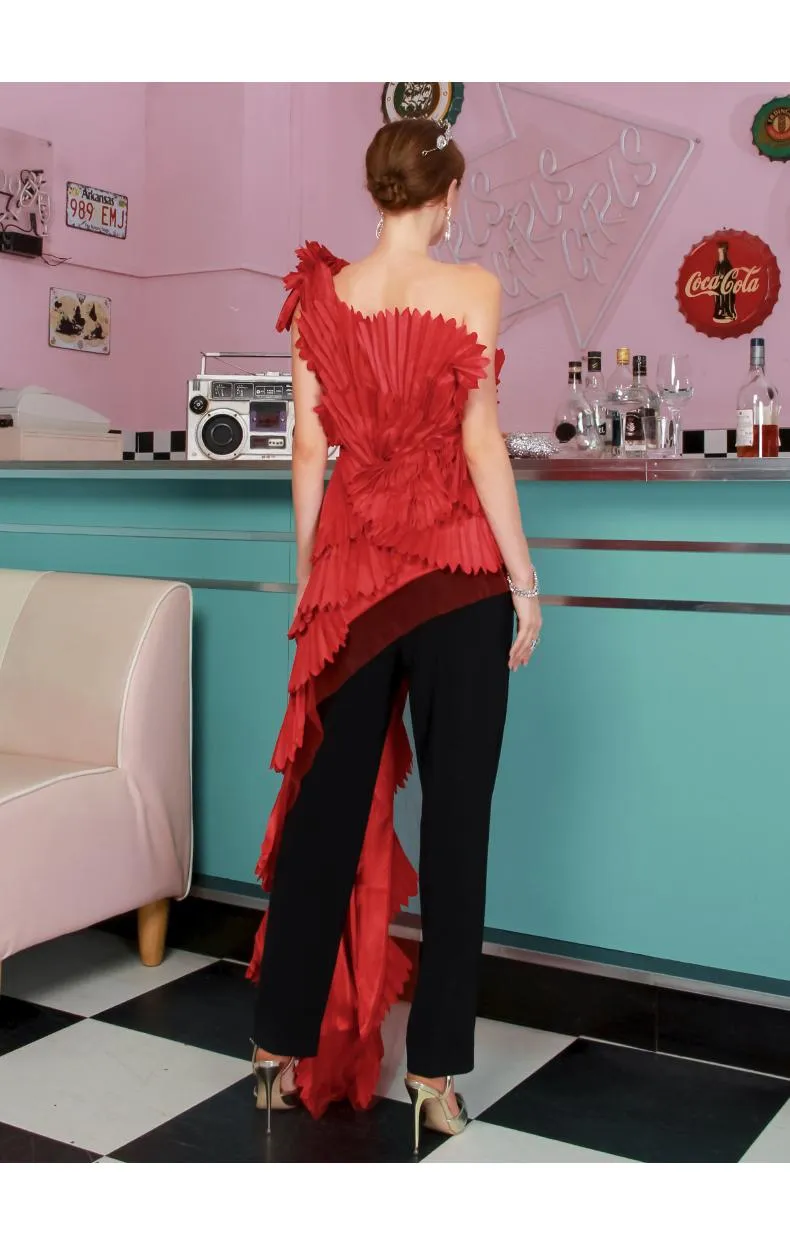 Statement limited edition one shoulder pleated flower banquet partY elegant cocktail red blouse dress - India