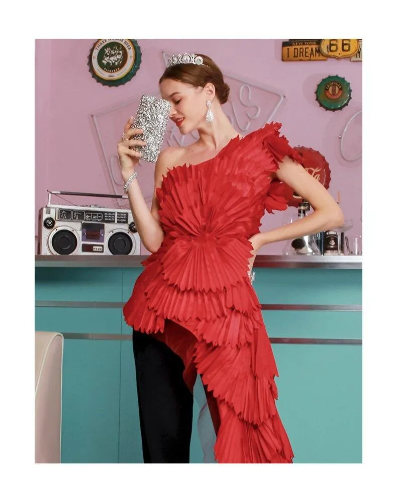 Statement limited edition one shoulder pleated flower banquet partY elegant cocktail red blouse dress - India