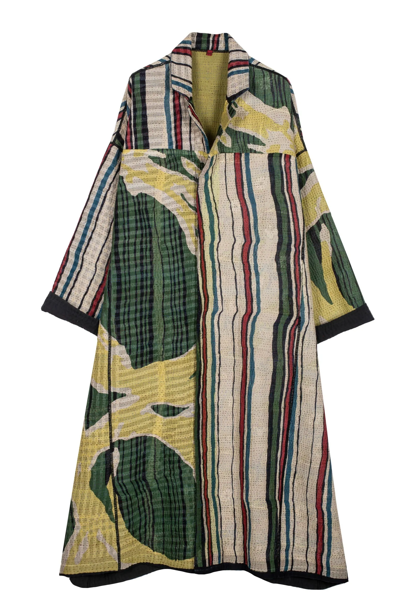 STRIPE AND BENDS KANTHA OVERSIZED COAT - sb4326-grn -