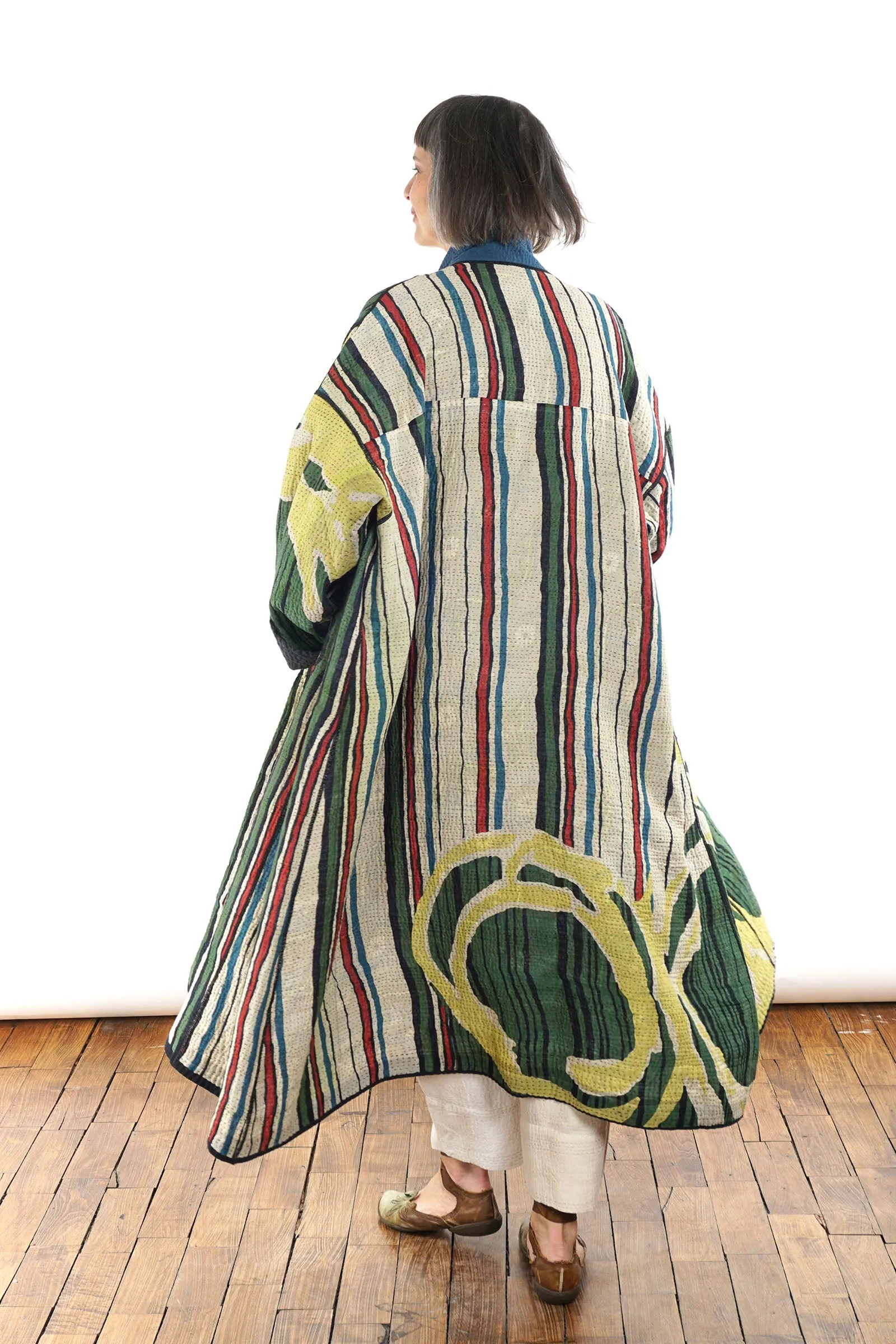 STRIPE AND BENDS KANTHA OVERSIZED COAT - sb4326-grn -